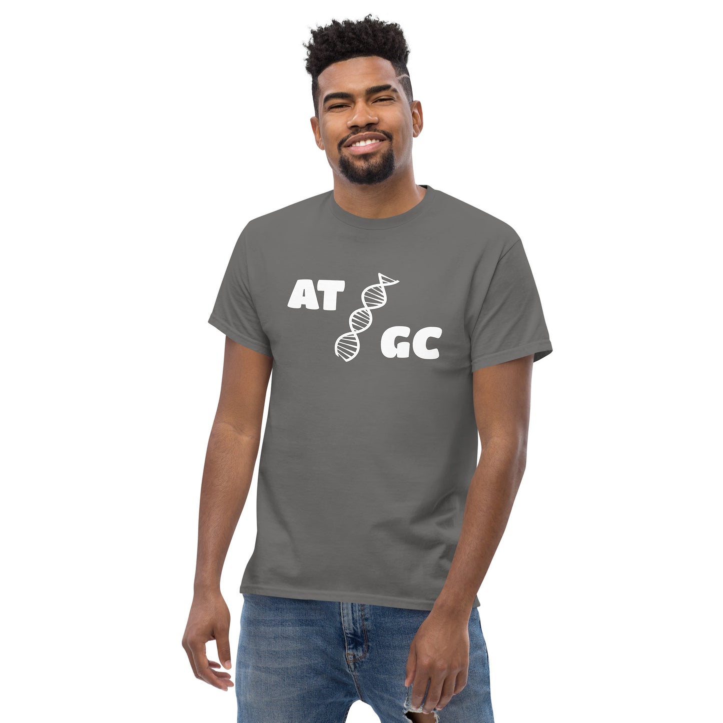 Men with charcoal t-shirt with image of a DNA string and the text "ATGC"