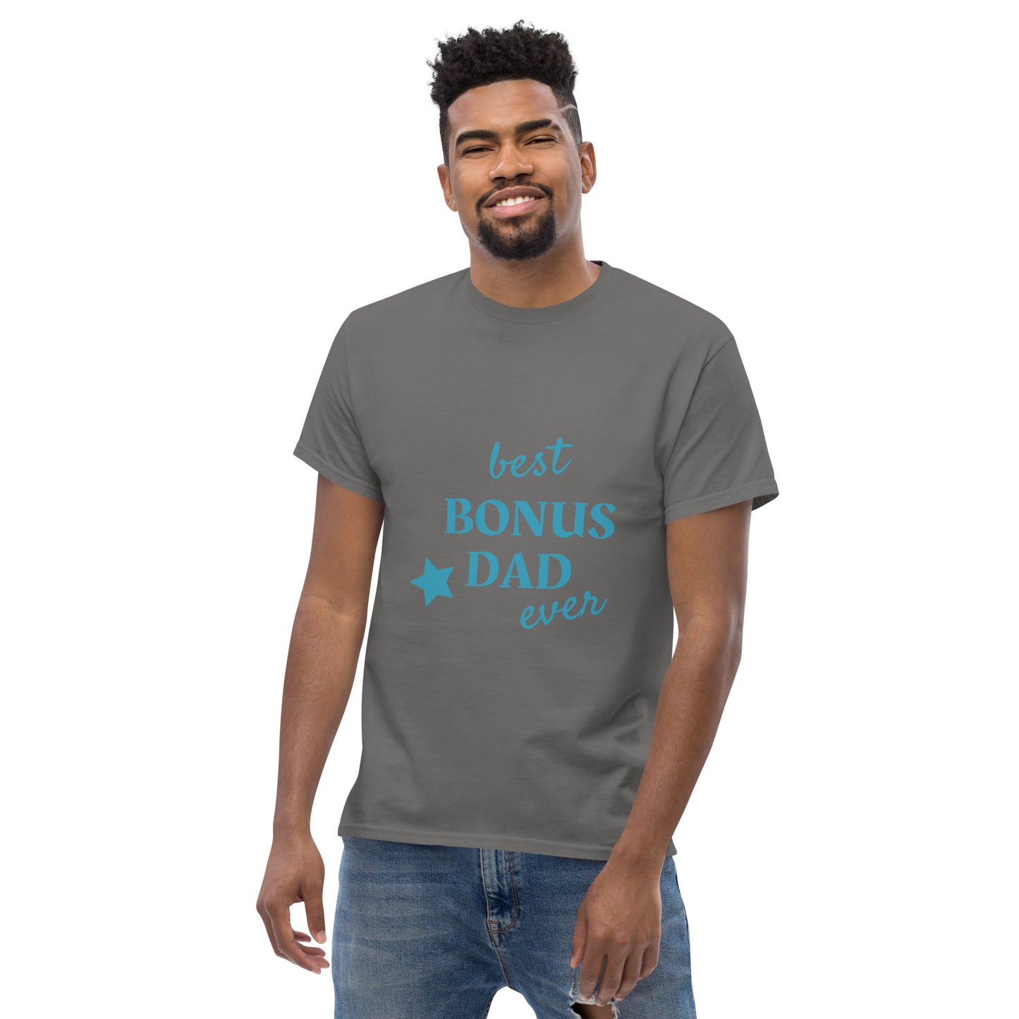 Men with charcoal t-shirt with text "best BONUS DAD ever"
