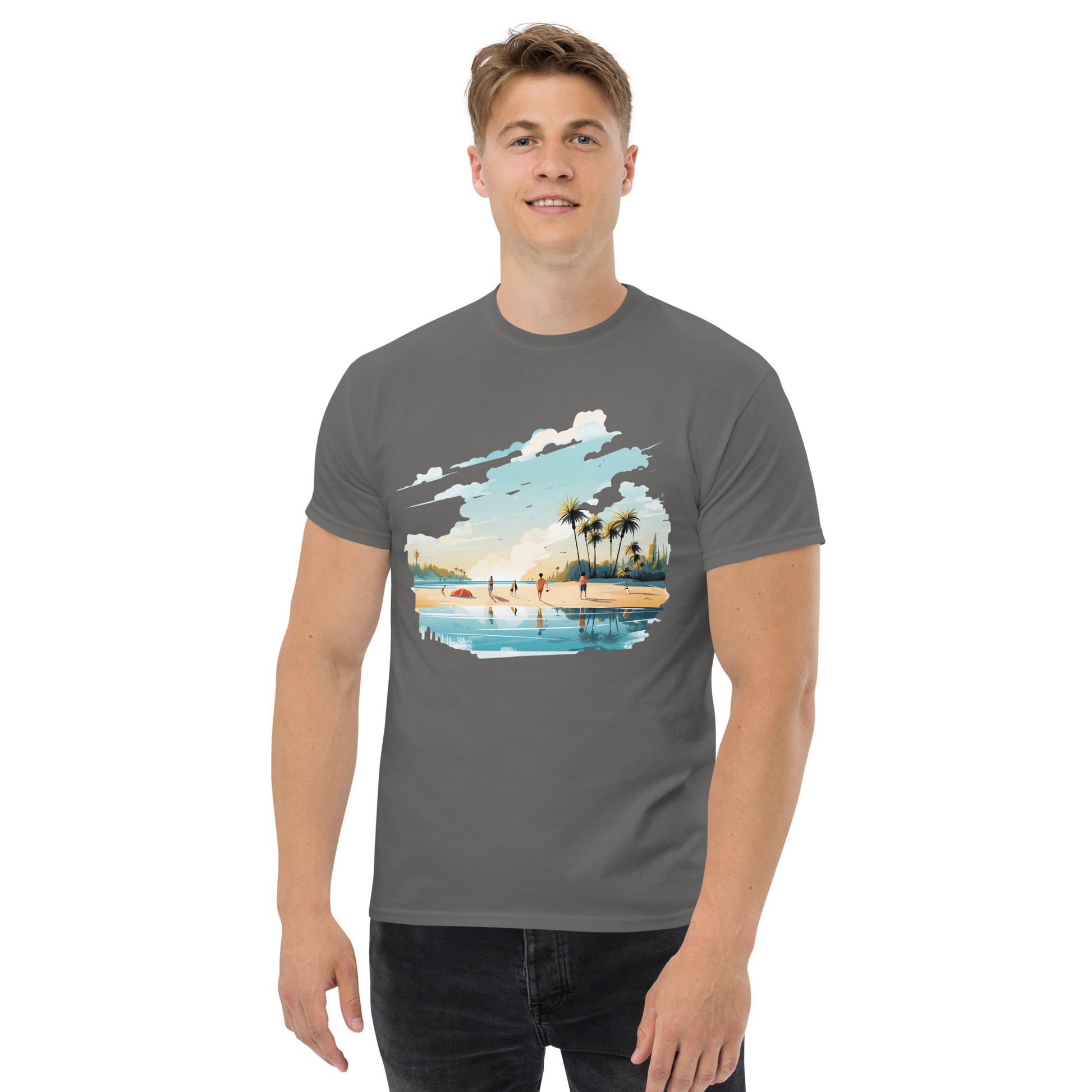 Men with charcoal T-shirt and a picture of a island with sea and sand