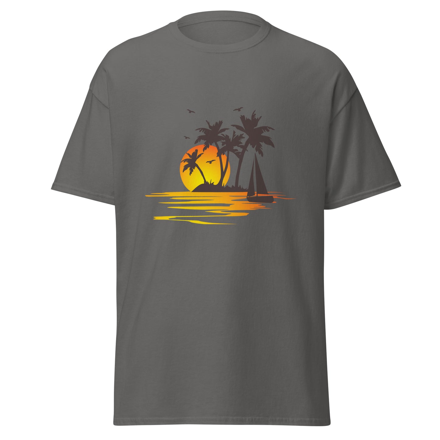 Charcoal T-shirt for men with a picture of sunset, palm trees and sailboat