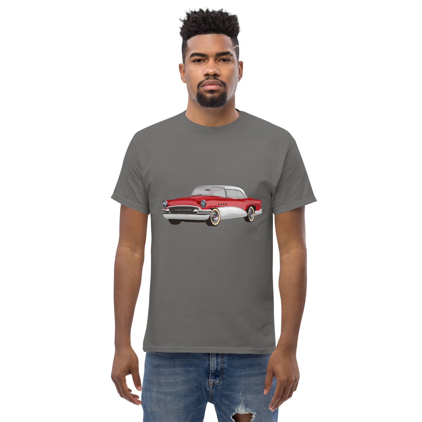Men with grey t-shirt with red Chevrolet