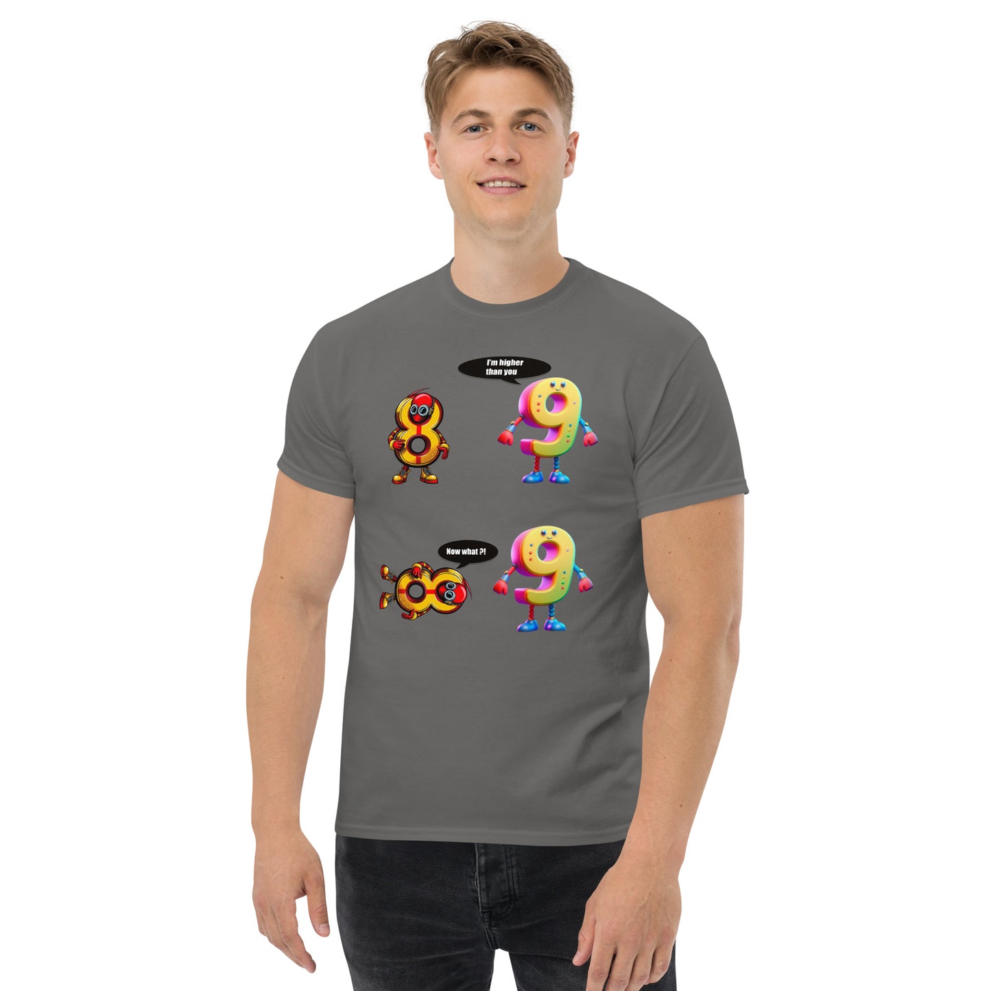 Man with grey t-shirt with picture of 8 and 9 having a discussion