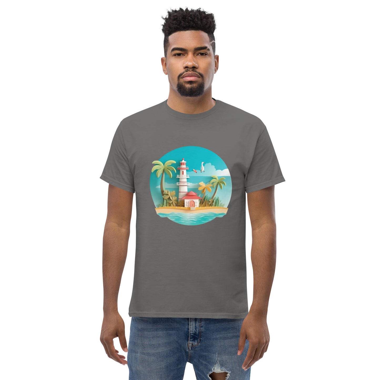 Man with grey t-shirt with picture of lighthouse and palm trees