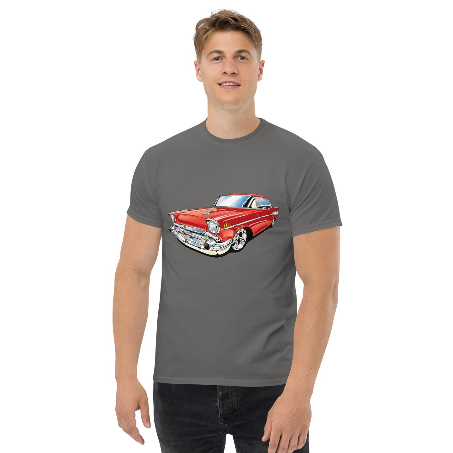 man with grey t-shirt with picture of red Chevrolet Bell air