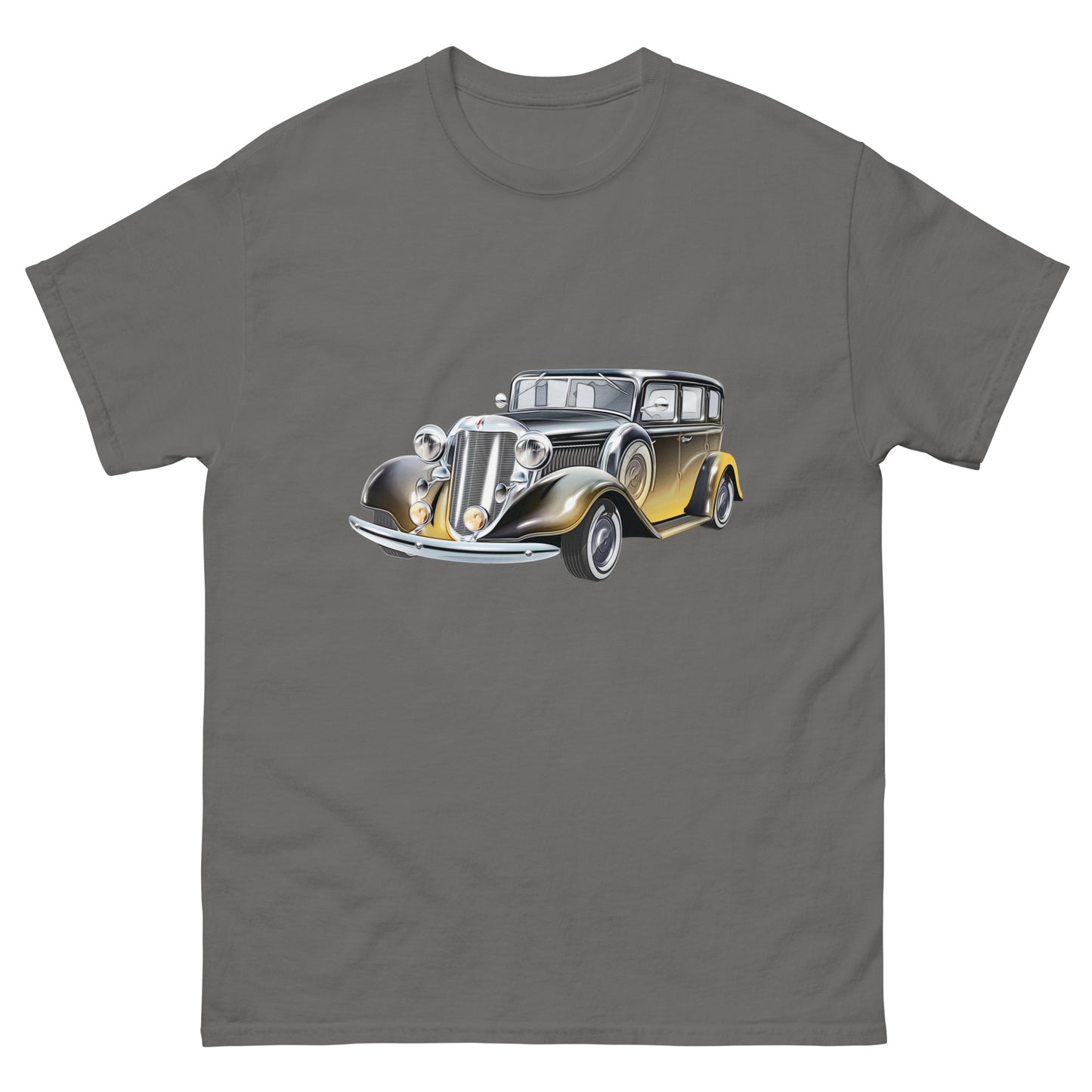 grey t-shirt with picture of vintage car