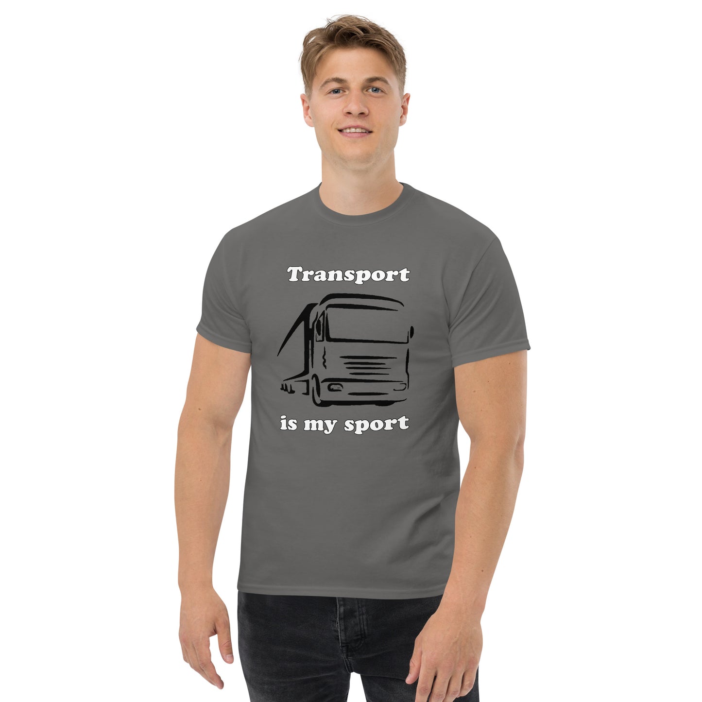 Man with grey t-shirt with picture of truck and text "Transport is my sport"