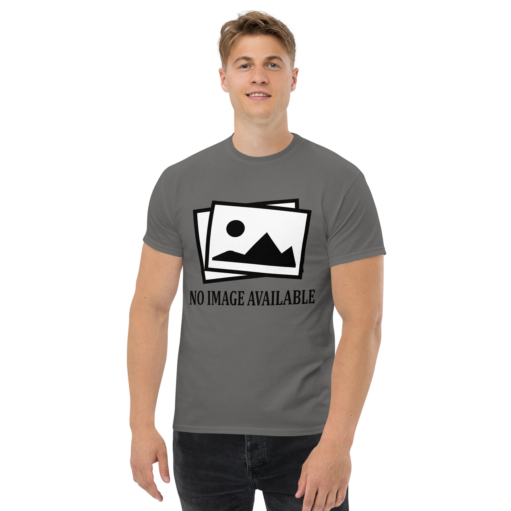 Men with grey t-shirt with image and text "no image available"