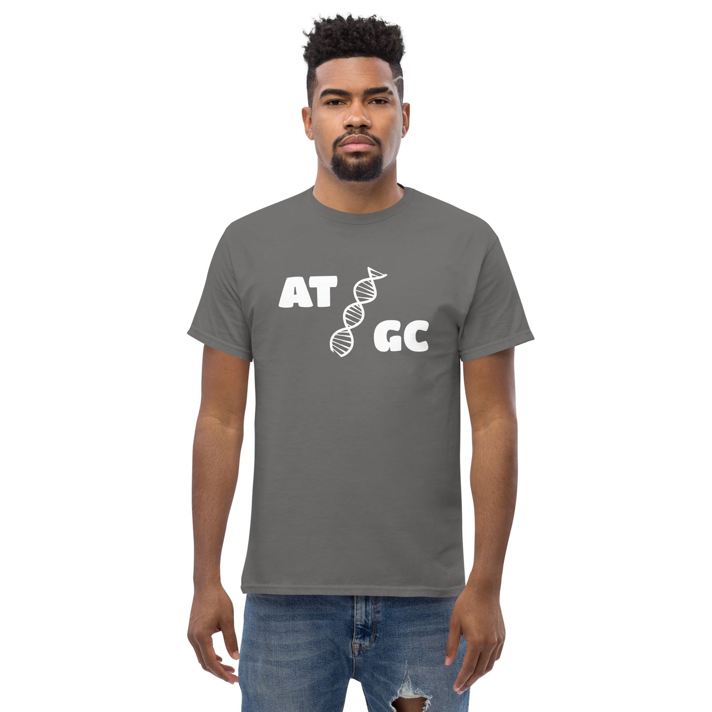 Men with charcoal t-shirt with image of a DNA string and the text "ATGC"