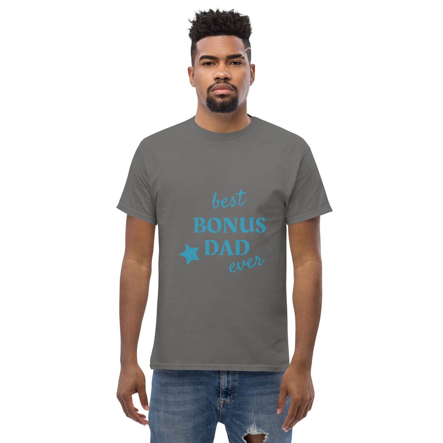 Men with charcoal t-shirt with text "best BONUS DAD ever"