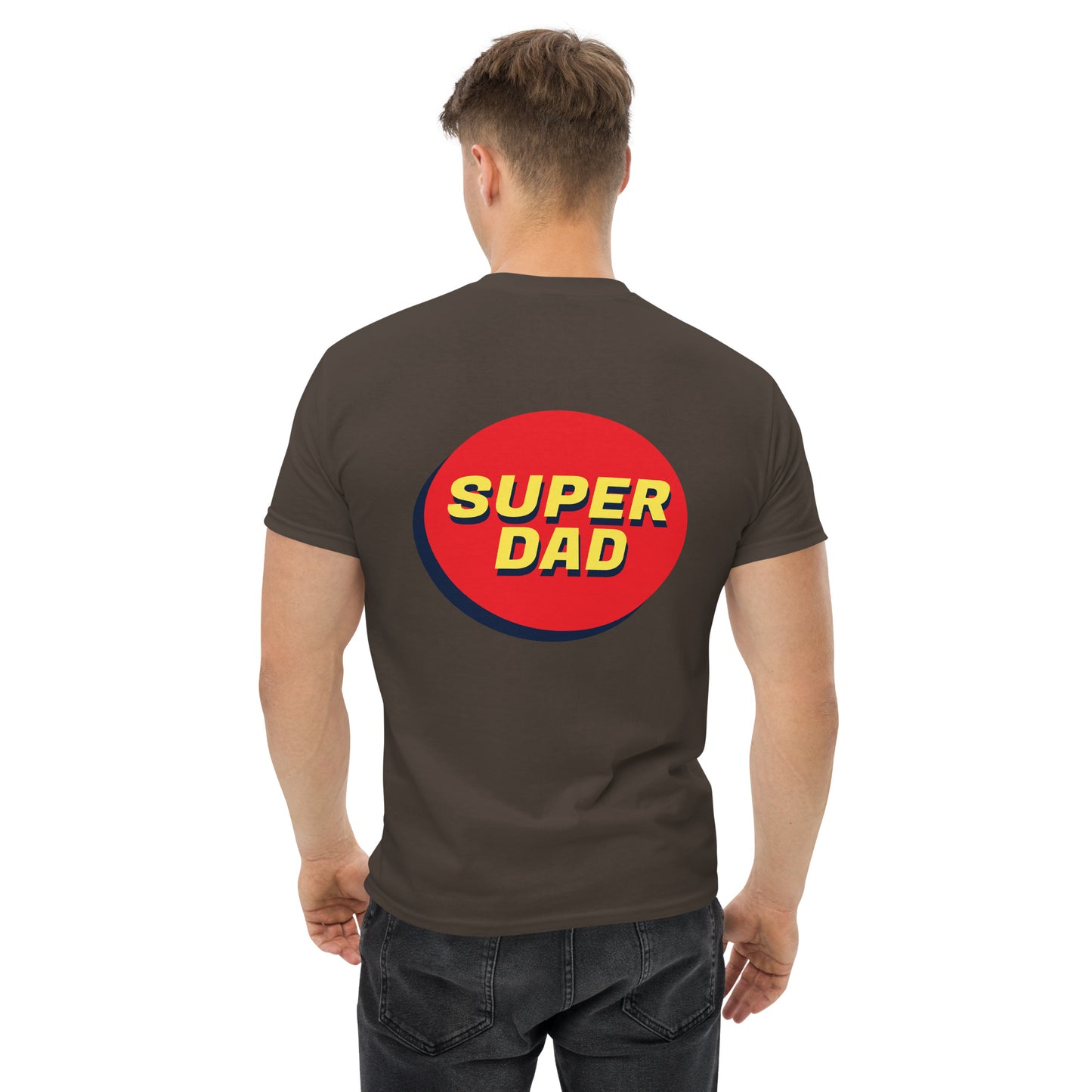 Men with dark chocolate T-shirt and Super dad on the back