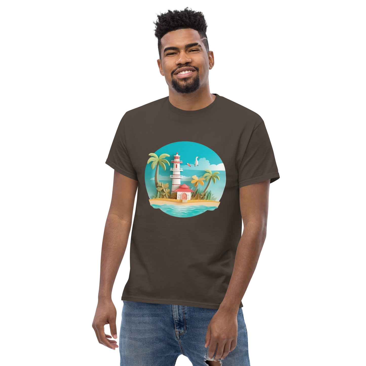 Man with brown t-shirt with picture of lighthouse and palm trees