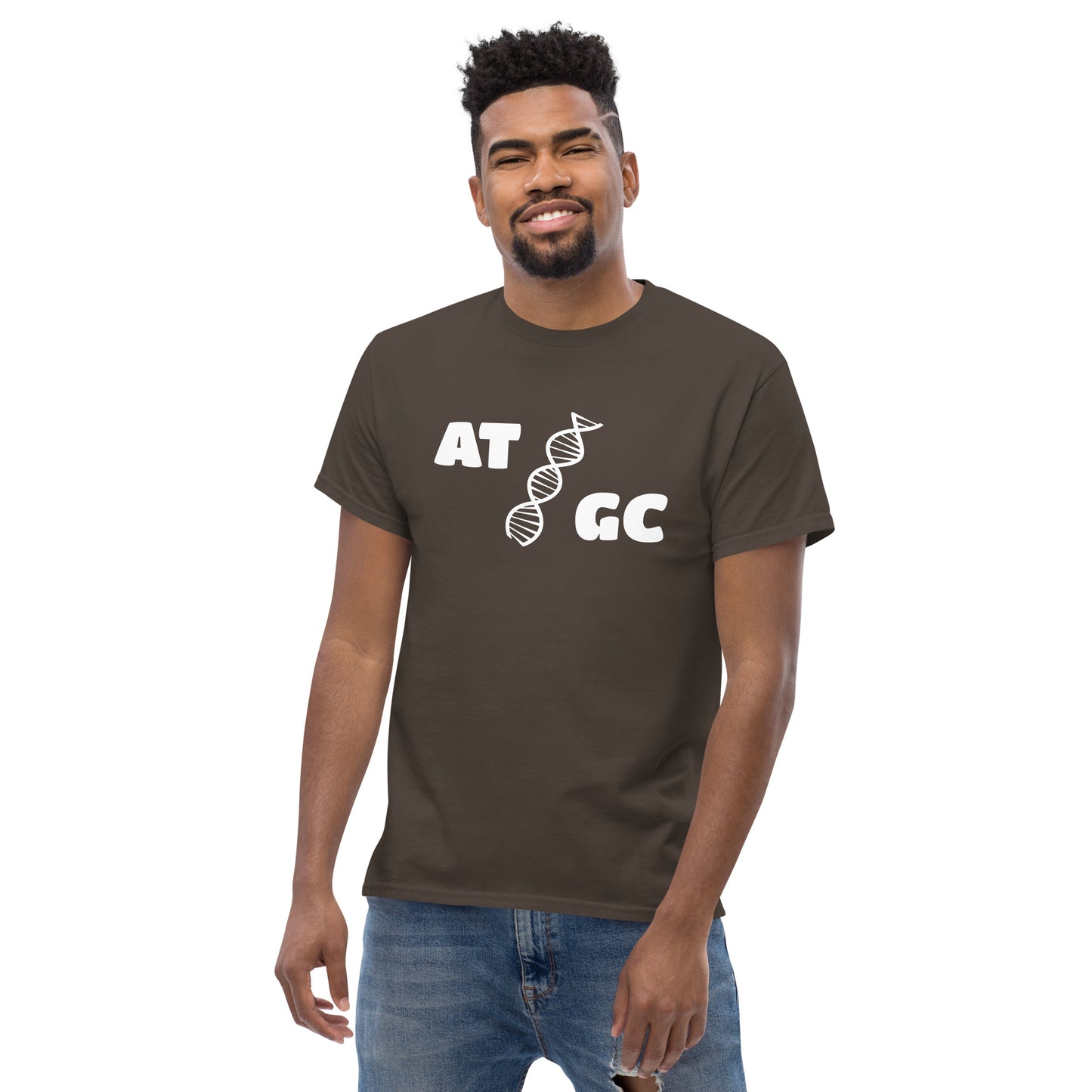 Men with dark brown t-shirt with image of a DNA string and the text "ATGC"