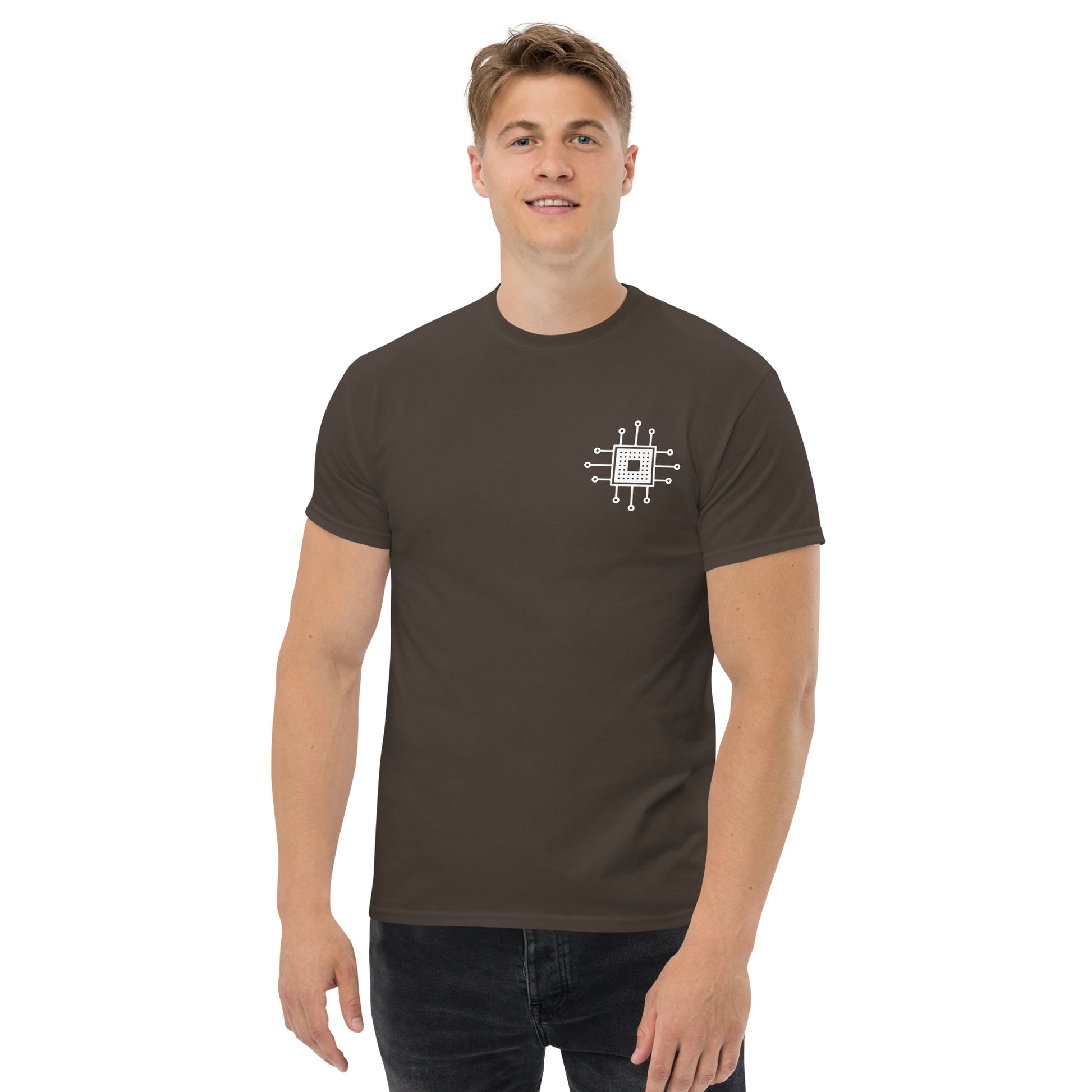 Men with dark chocolate T-shirt with the picture CPU 