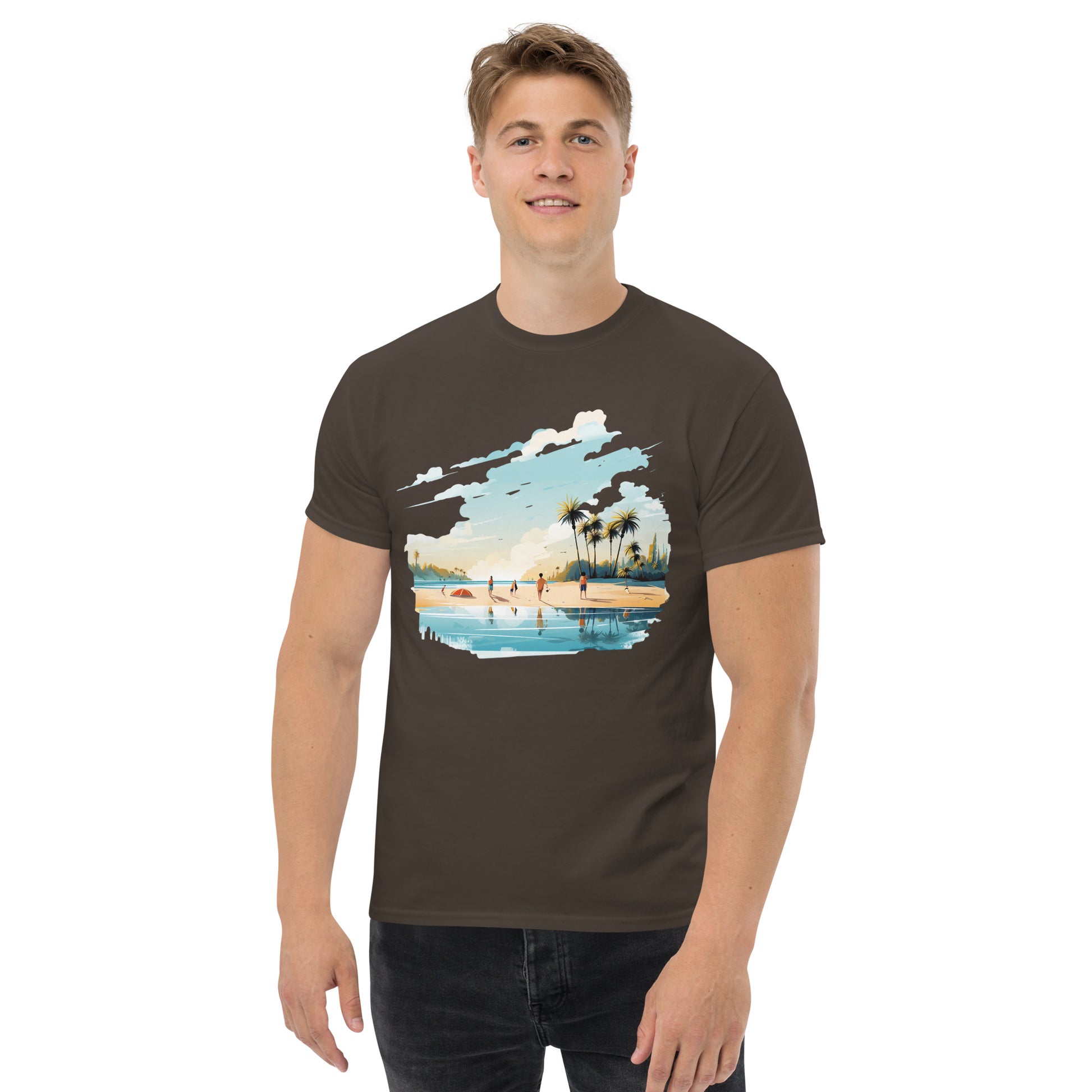 Men with dark chocolate T-shirt and a picture of a island with sea and sand