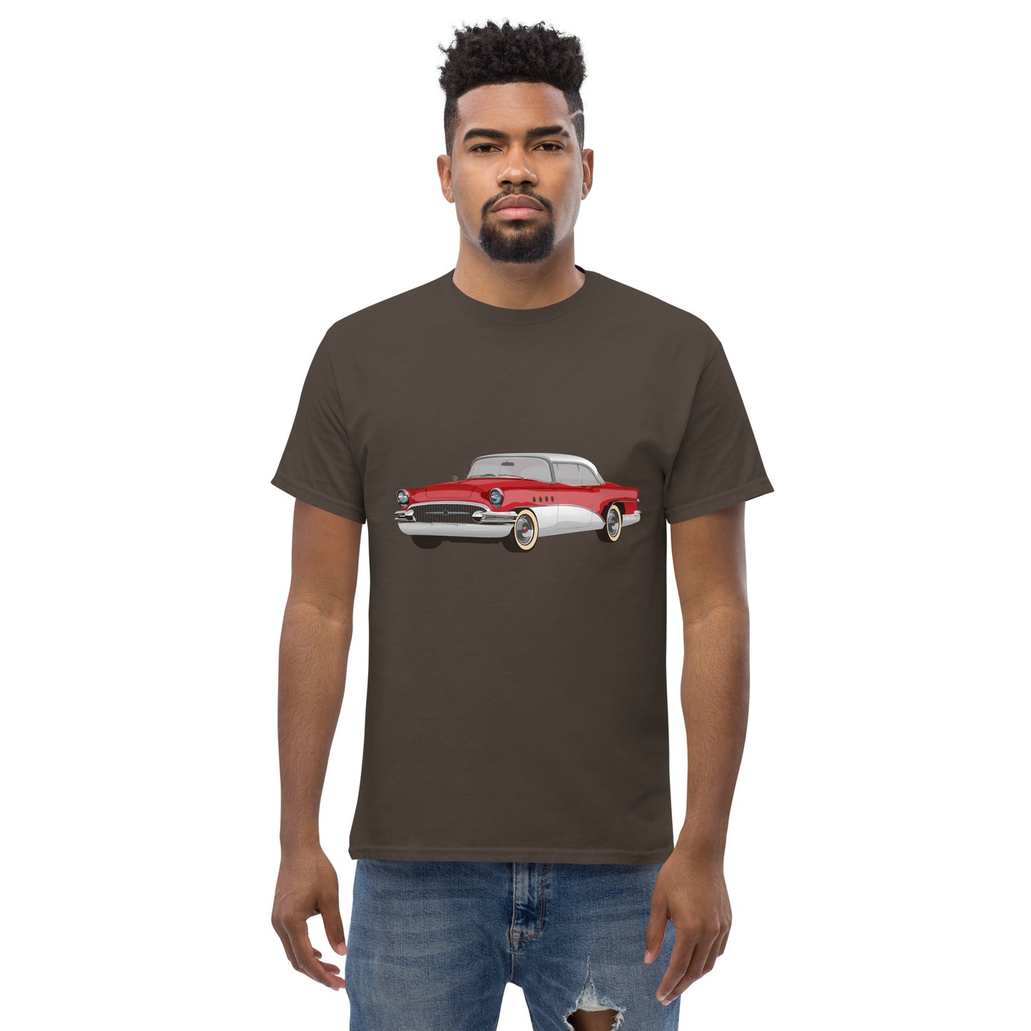 Men with brown t-shirt with red Chevrolet