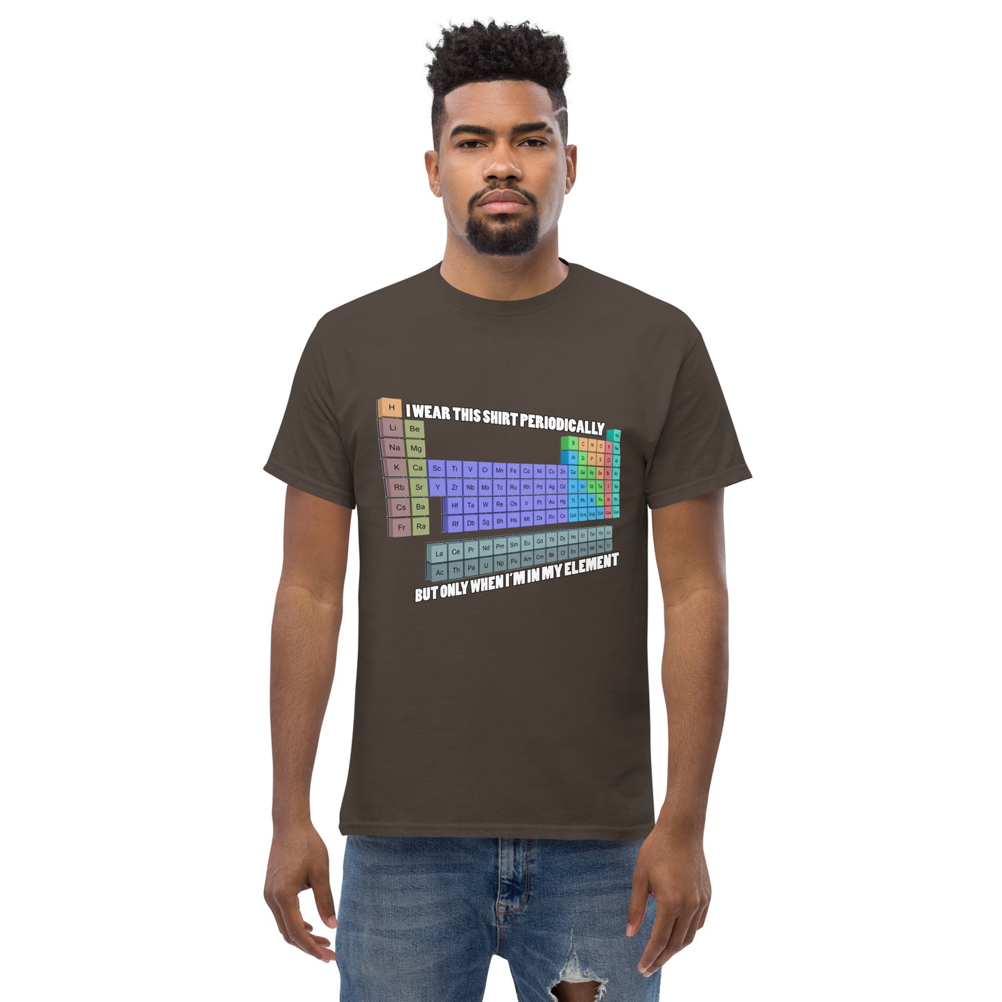 Man with brown t-shirt with Mendelev's table