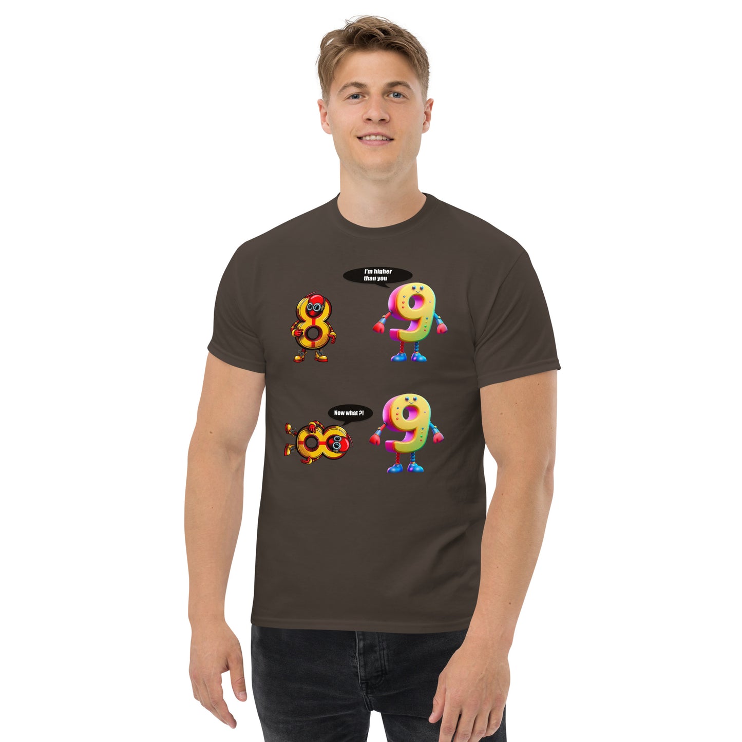 Man with brown t-shirt with picture of 8 and 9 having a discussion 