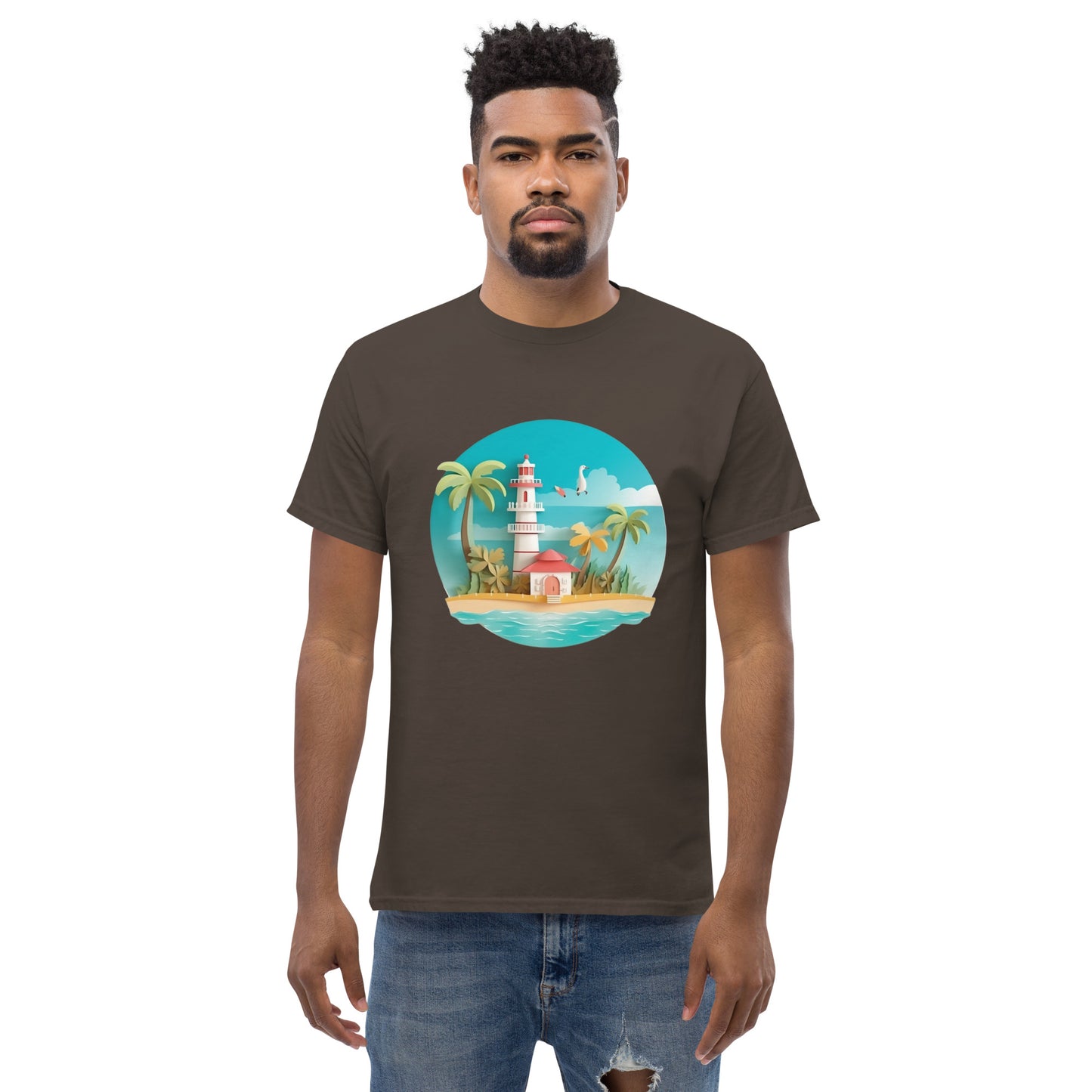 Man with brown t-shirt with picture of lighthouse and palm trees