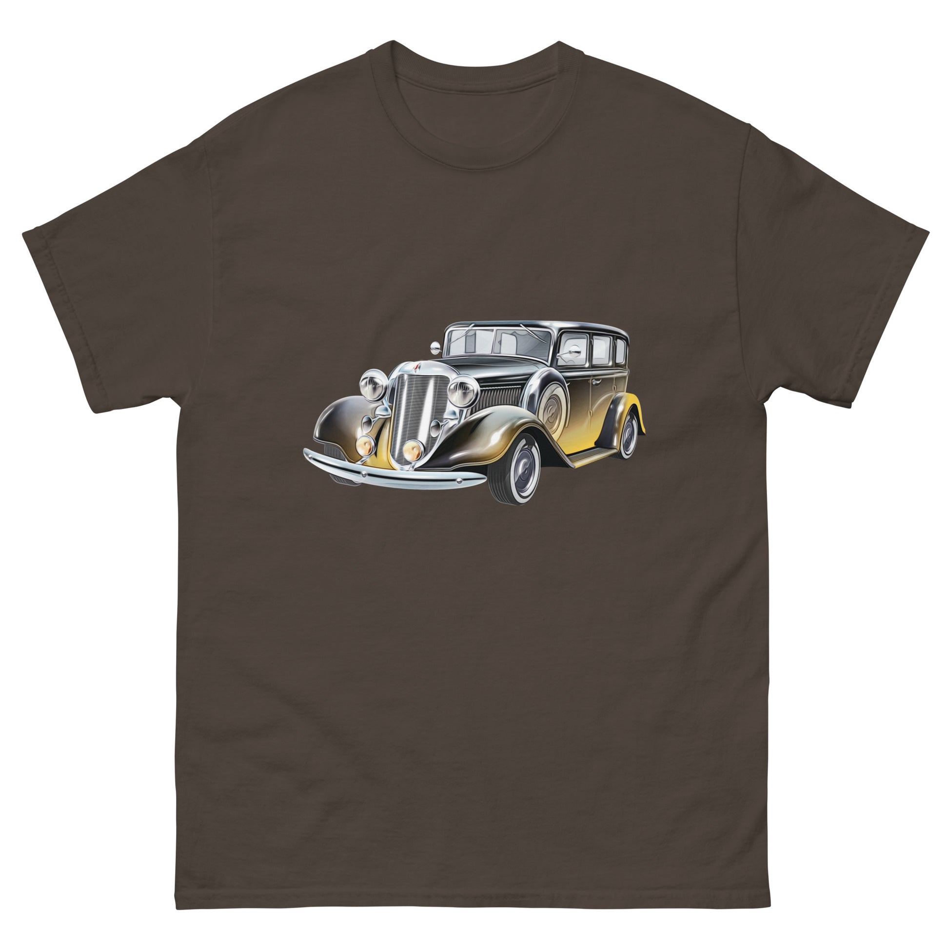 brown t-shirt with picture of vintage car