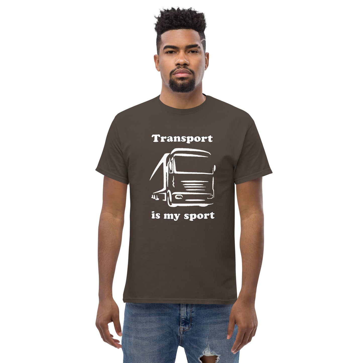 Man with brown t-shirt with picture of truck and text "Transport is my sport"