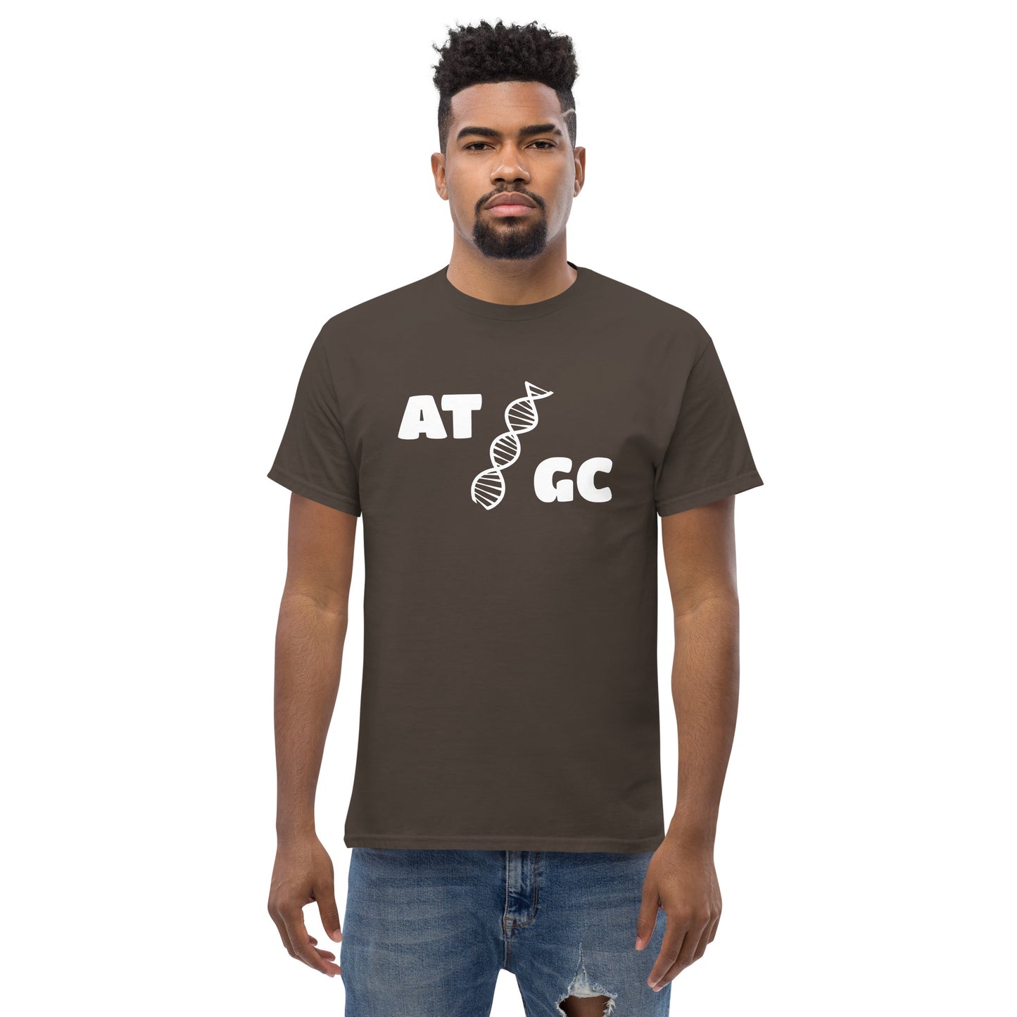 Men with dark brown t-shirt with image of a DNA string and the text "ATGC"