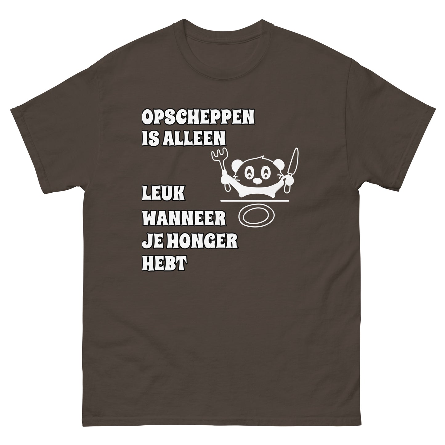 donker bruine  T-shirt met tekst  “opscheppen is alleen leuk wanneer je honger hebt” 