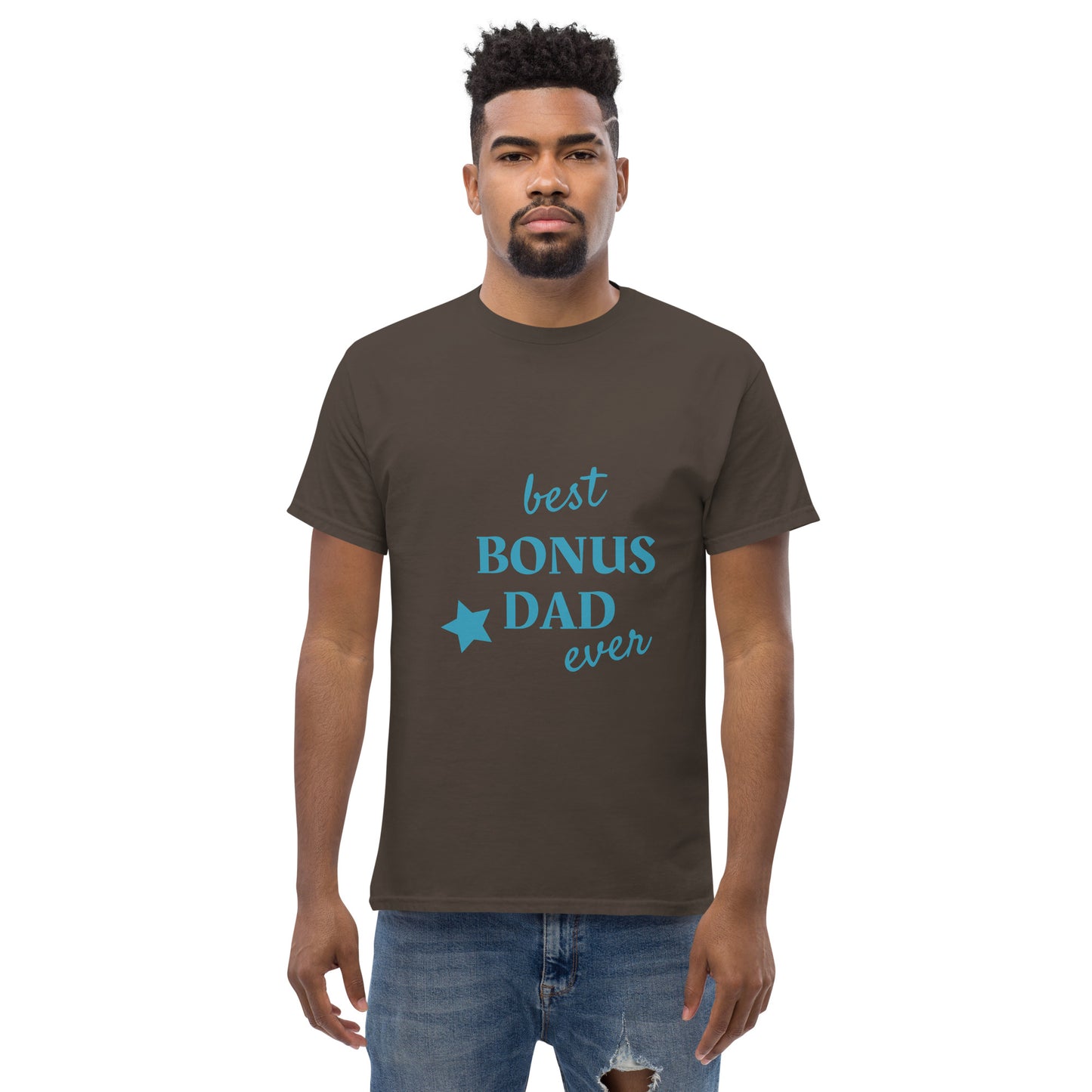 Men with dark chocolate t-shirt with text "best BONUS DAD ever"