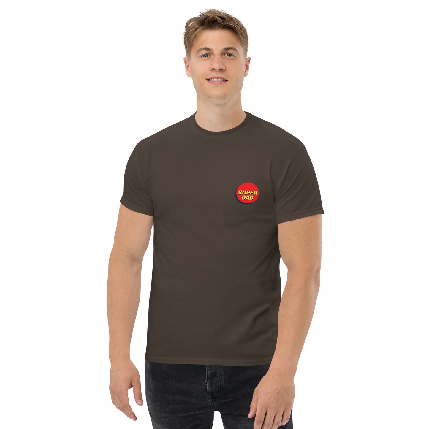 Men with dark chocolate T-shirt and Super dad logo on the front
