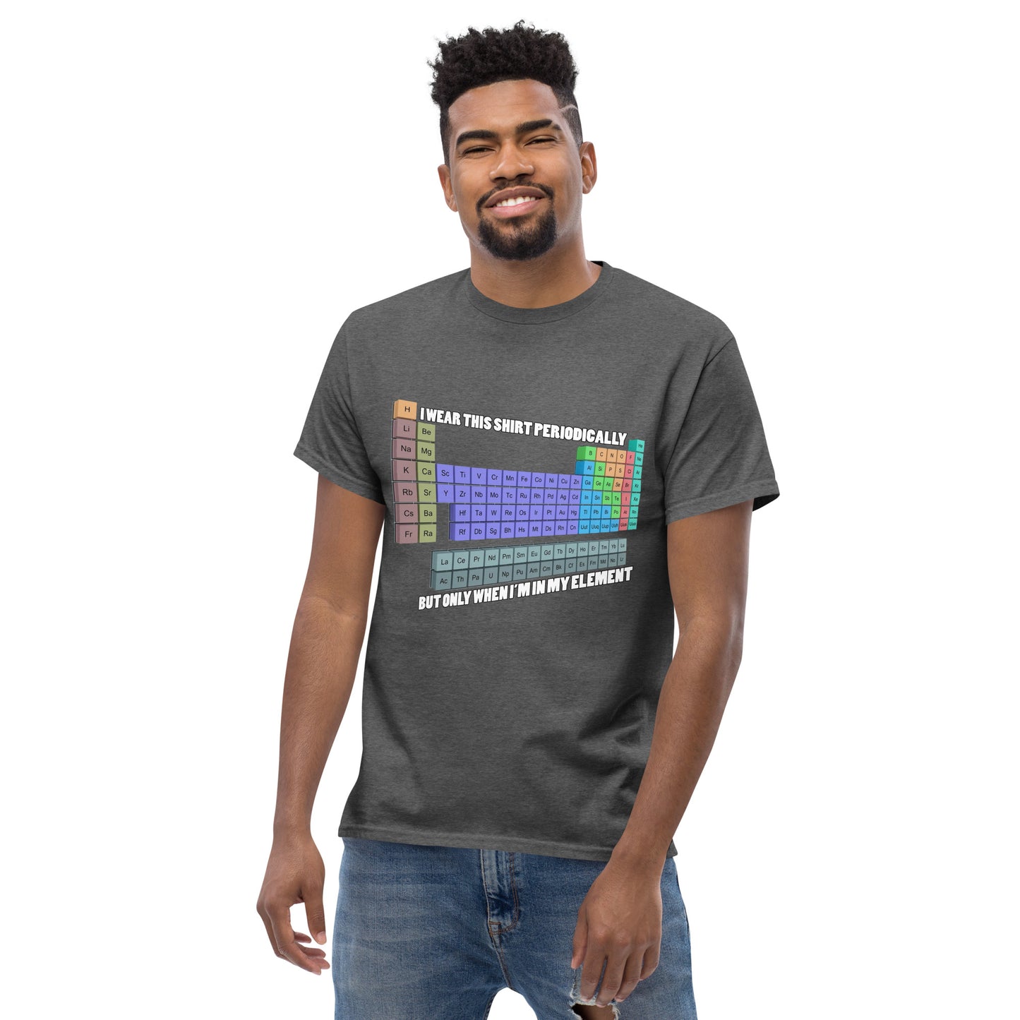 Man with grey t-shirt with Mendelev's table