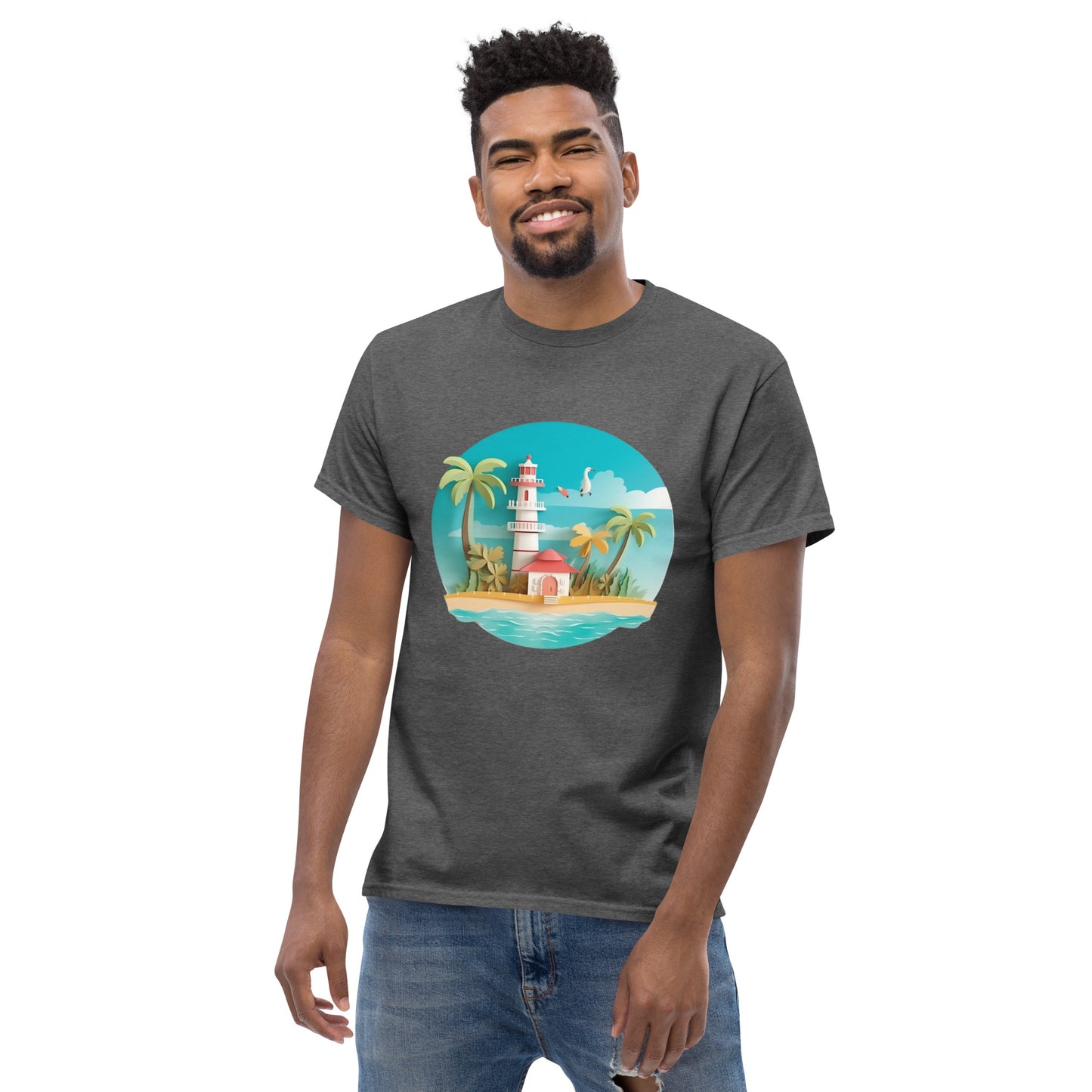 Man with grey t-shirt with picture of lighthouse and palm trees