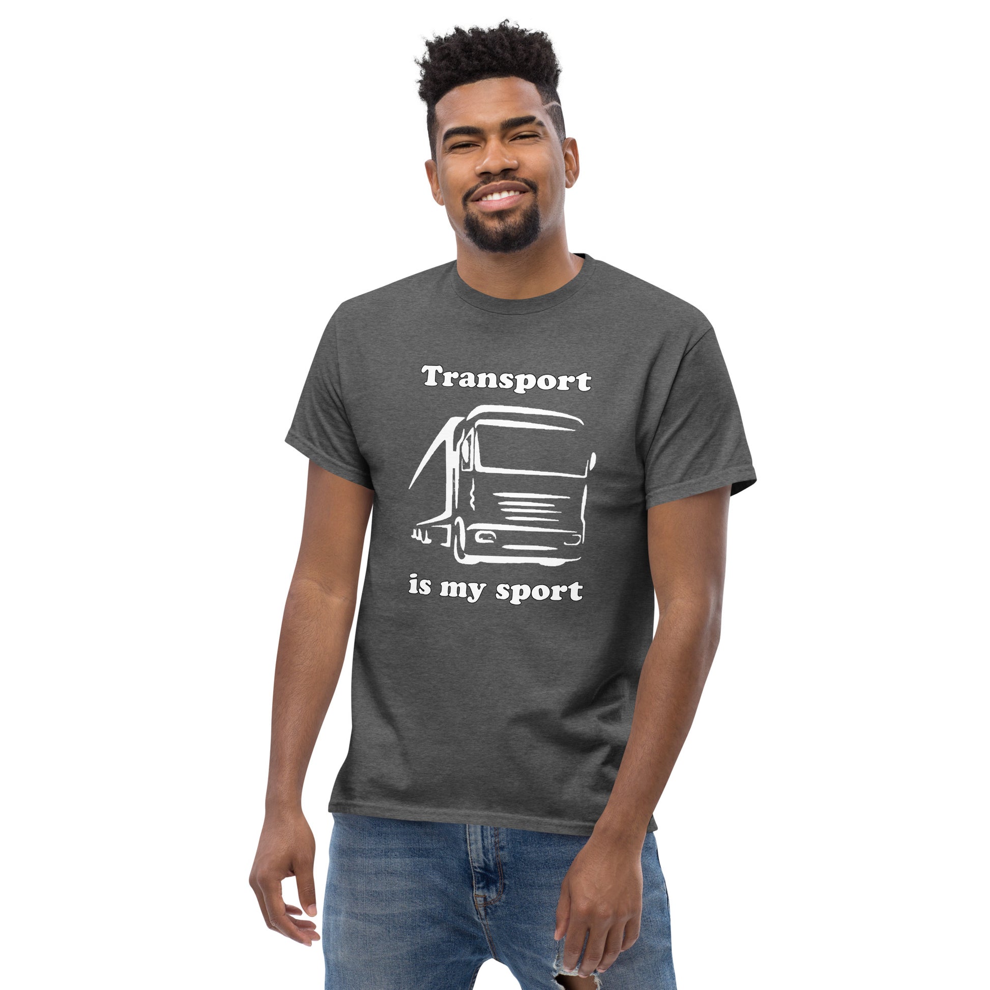 Man with grey t-shirt with picture of truck and text "Transport is my sport"
