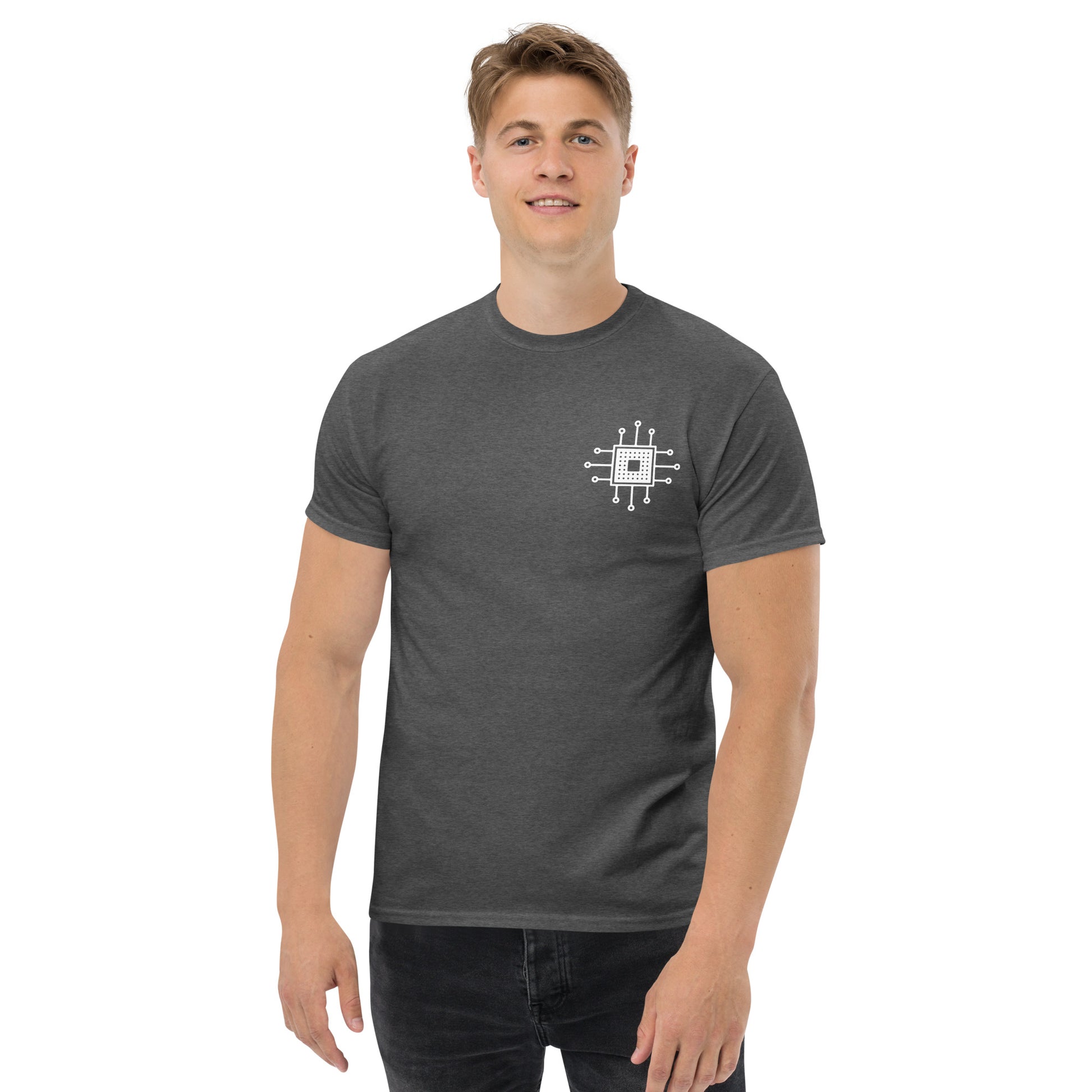 Men with dark heather T-shirt with the picture CPU 