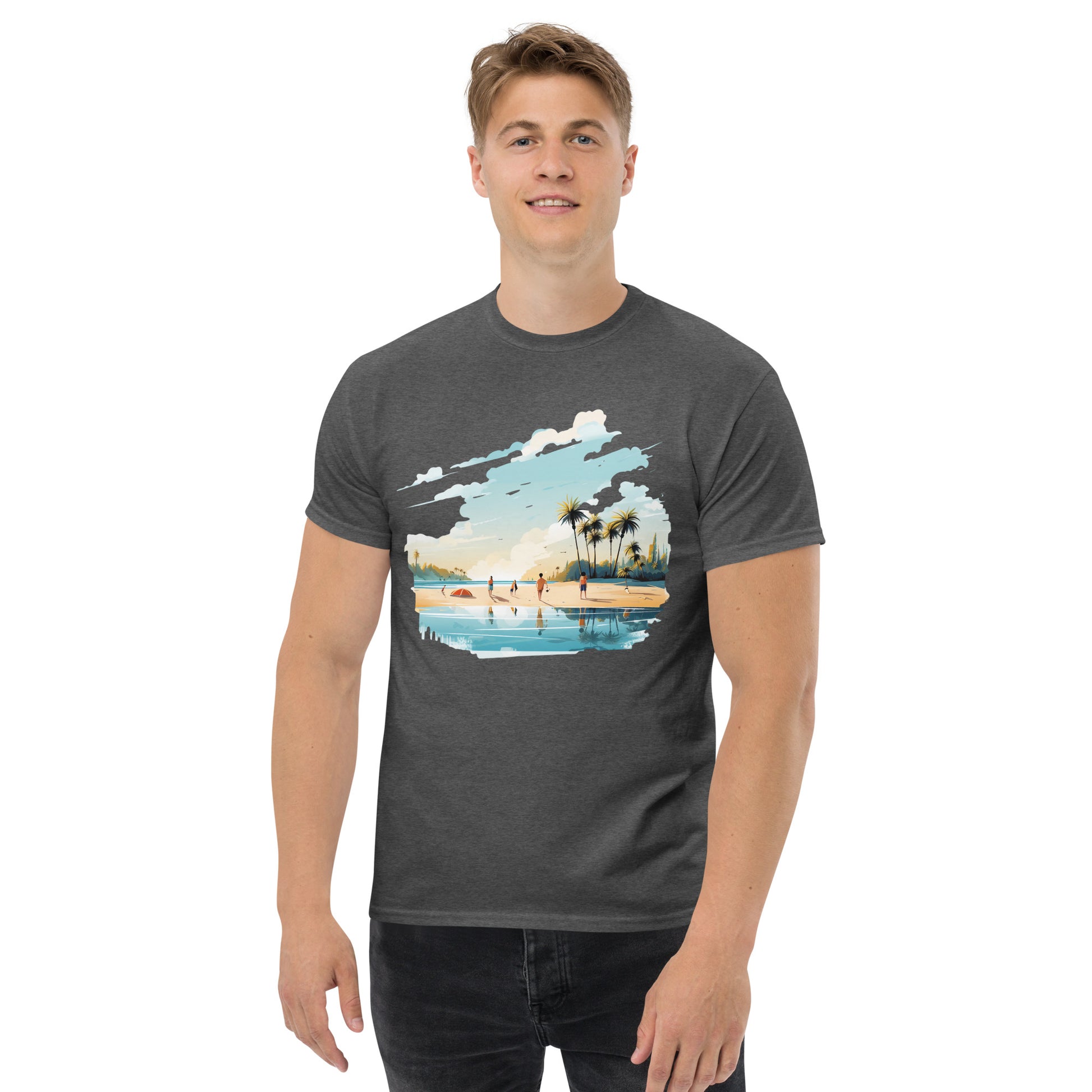 Men with dark heather T-shirt and a picture of a island with sea and sand