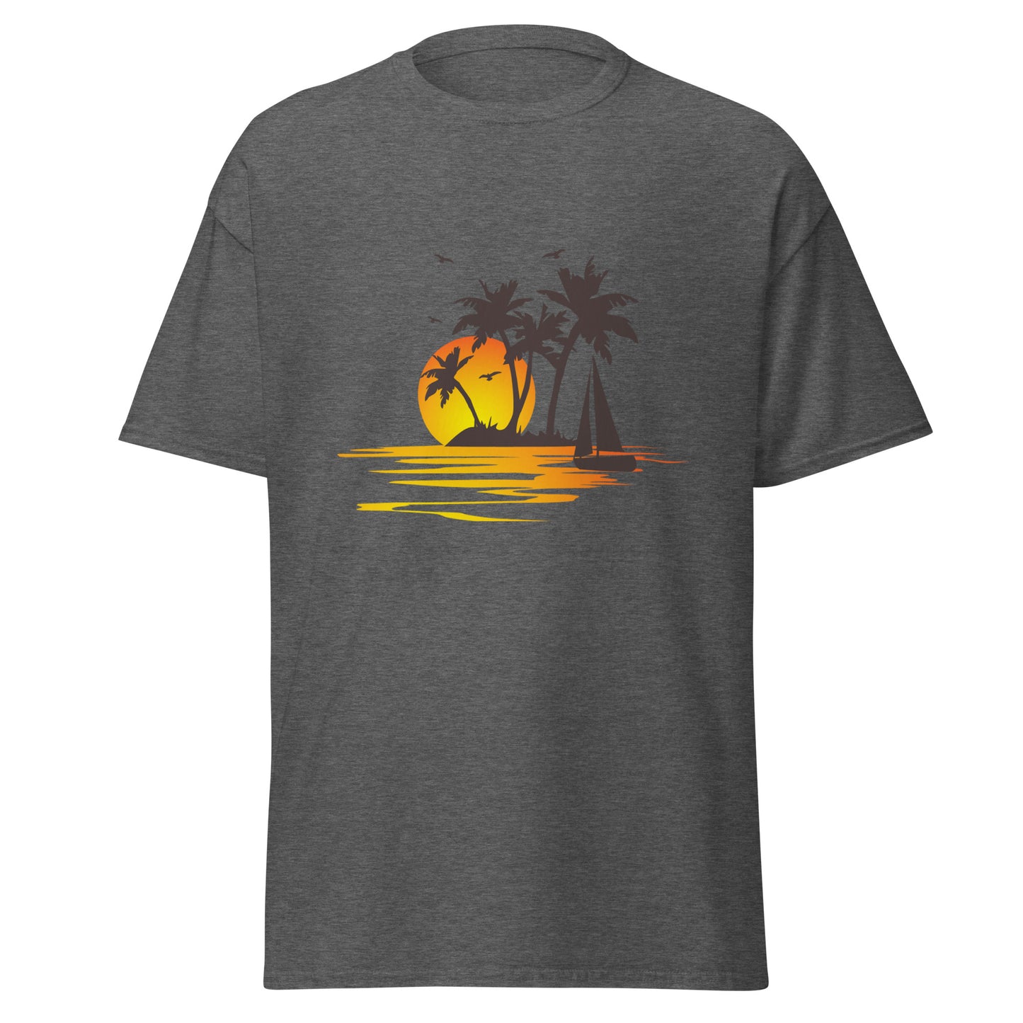 Dark heather T-shirt for men with a picture of sunset, palm trees and sailboat