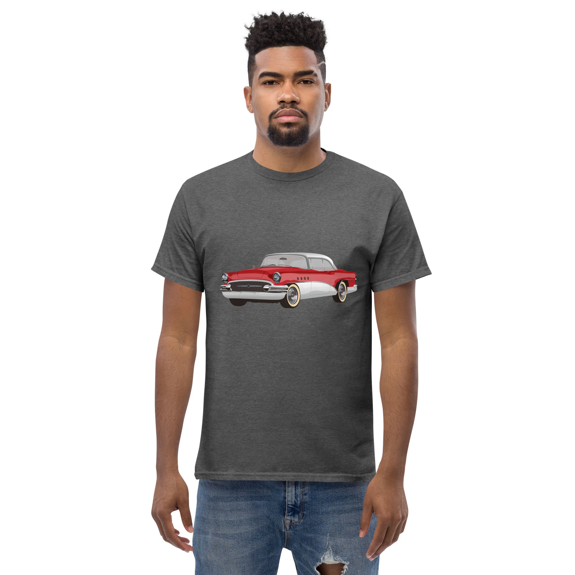 Men with grey t-shirt with red Chevrolet 