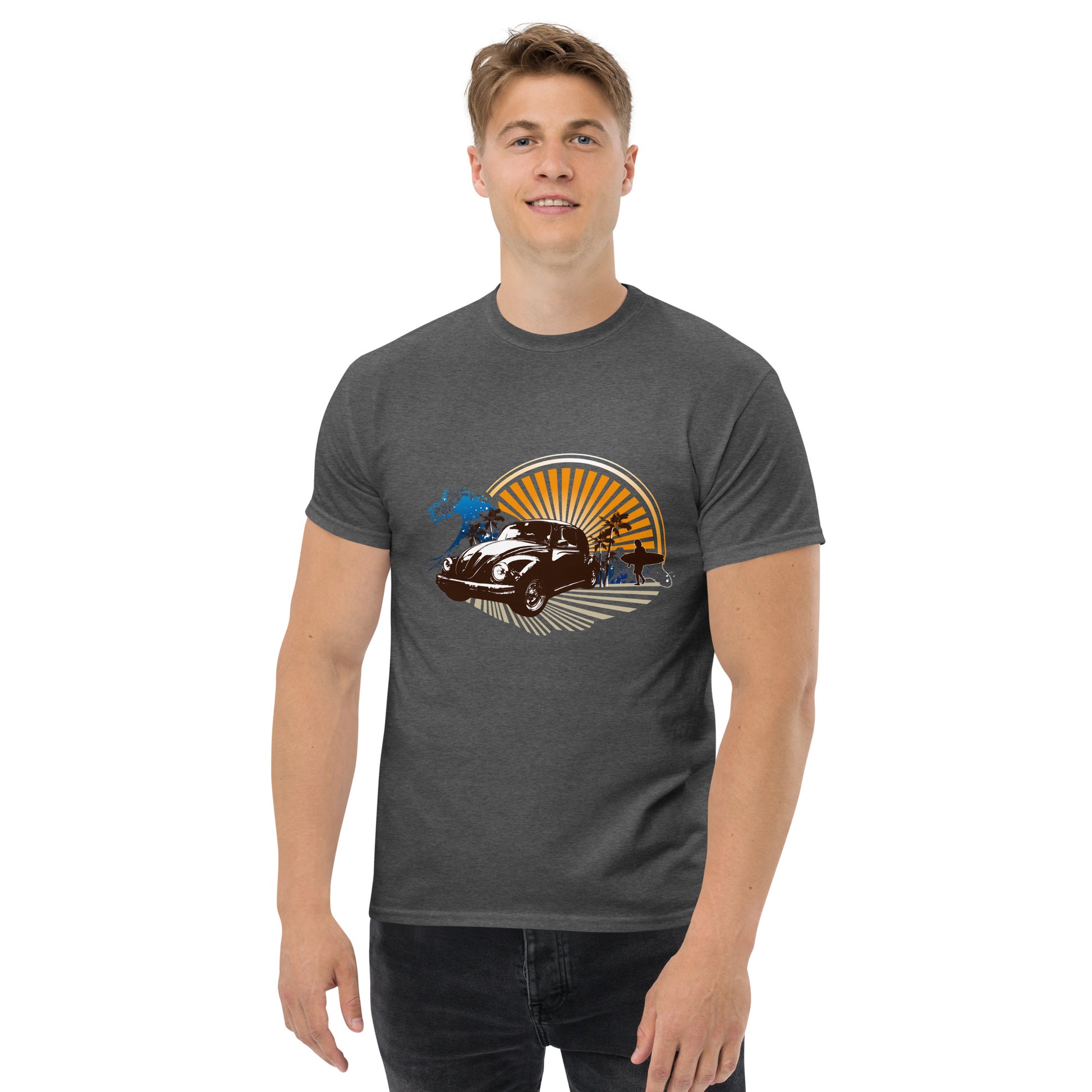 Men with dark grey t-shirt with sunset and beetle car