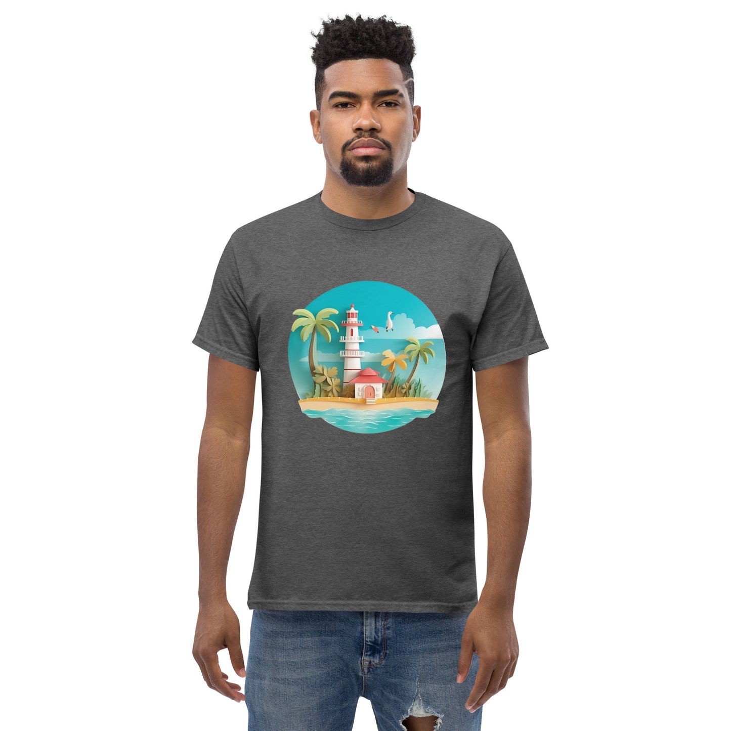 Man with grey t-shirt with picture of lighthouse and palm trees
