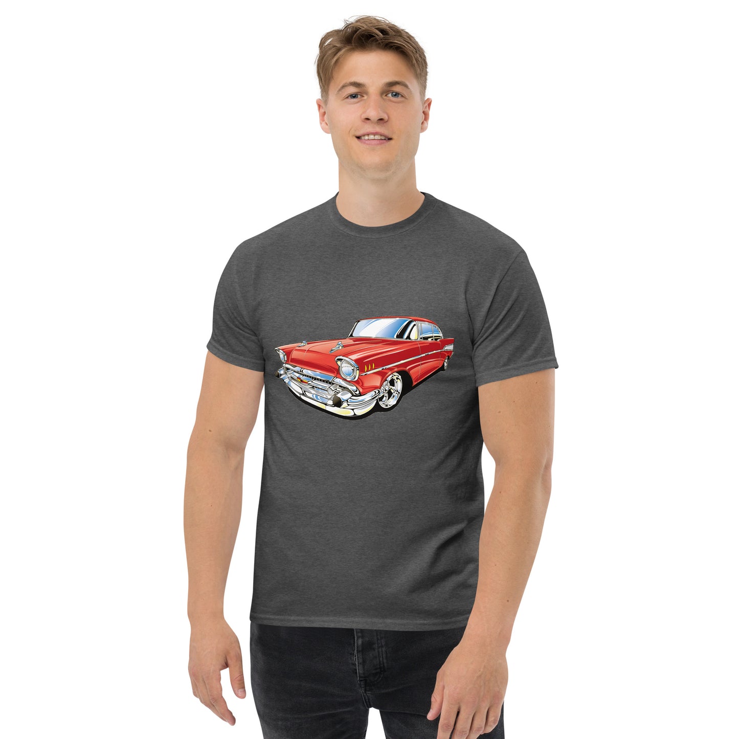 man with dark grey t-shirt with picture of red Chevrolet Bell air
