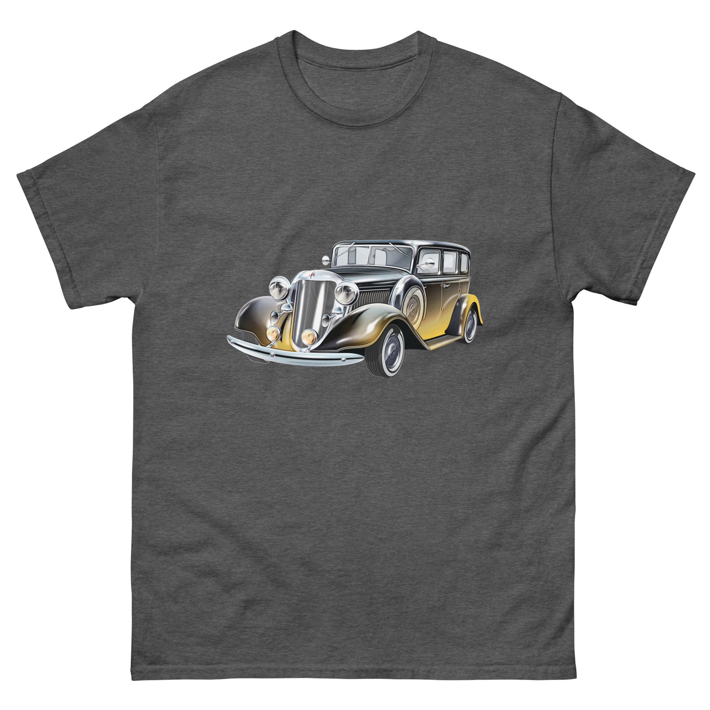 grey t-shirt with picture of vintage car