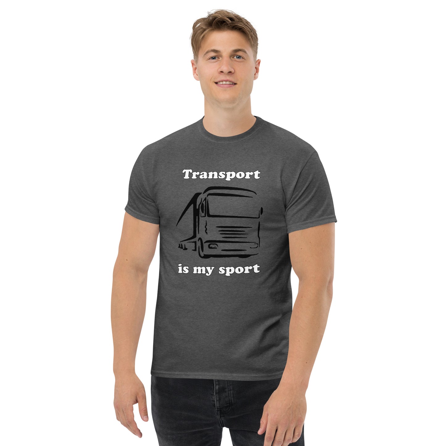 Man with grey t-shirt with picture of truck and text "Transport is my sport"