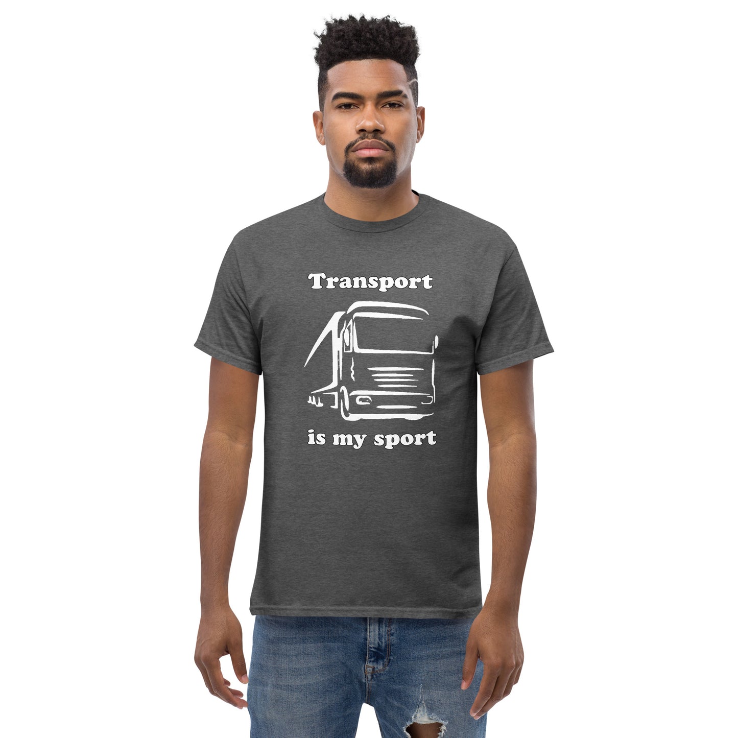Man with grey t-shirt with picture of truck and text "Transport is my sport"