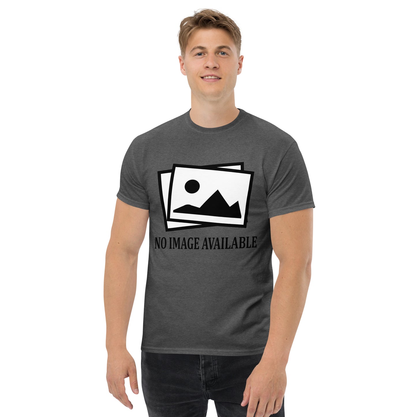 Men with dark grey t-shirt with image and text "no image available"
