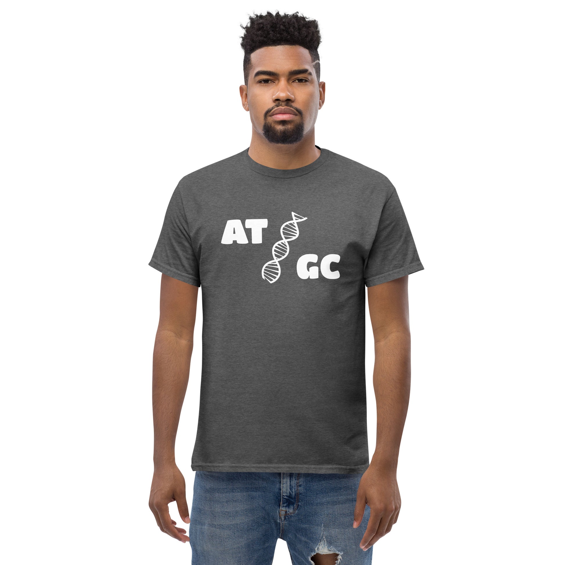 Men with dark grey t-shirt with image of a DNA string and the text "ATGC"