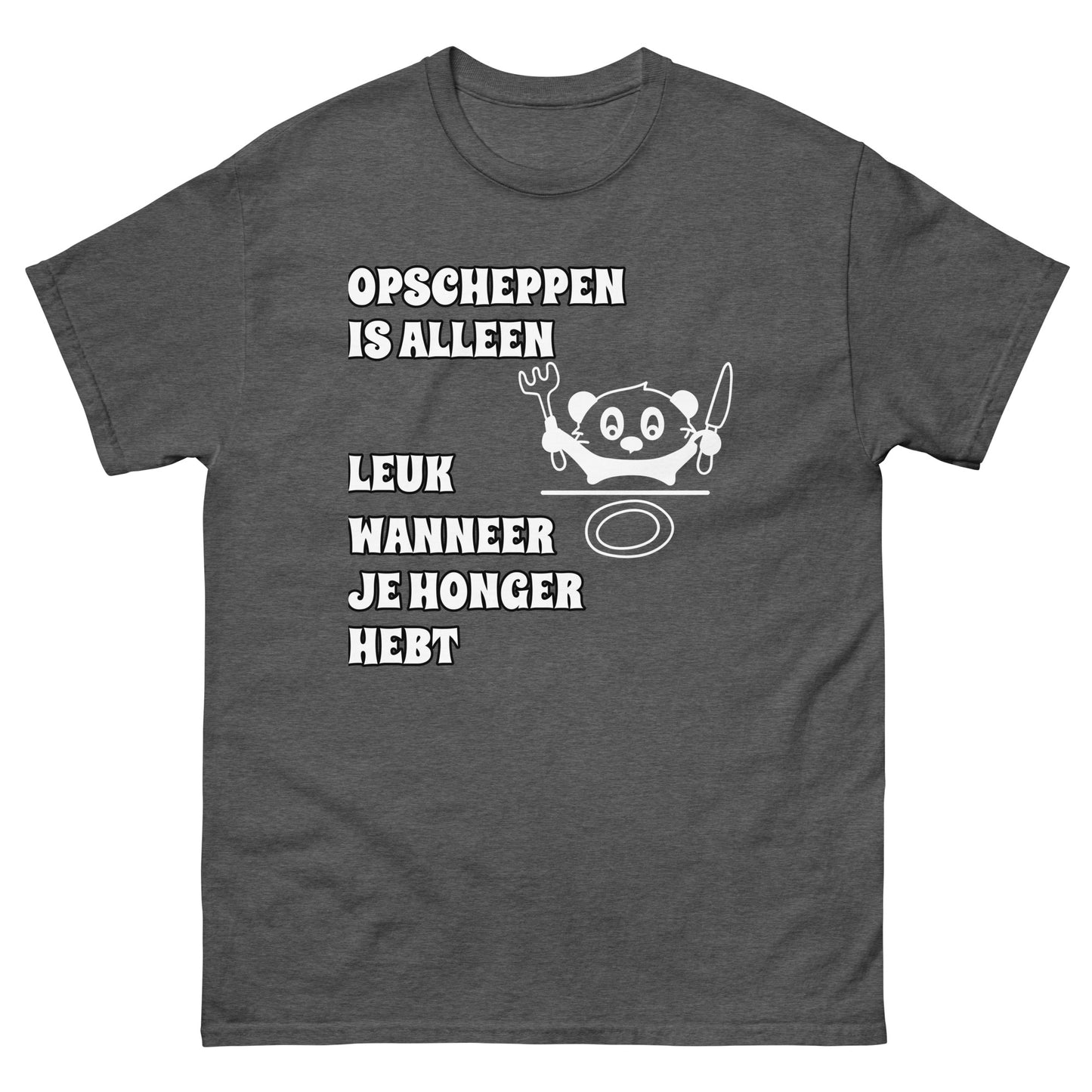 grijze T-shirt met tekst  “opscheppen is alleen leuk wanneer je honger hebt” 