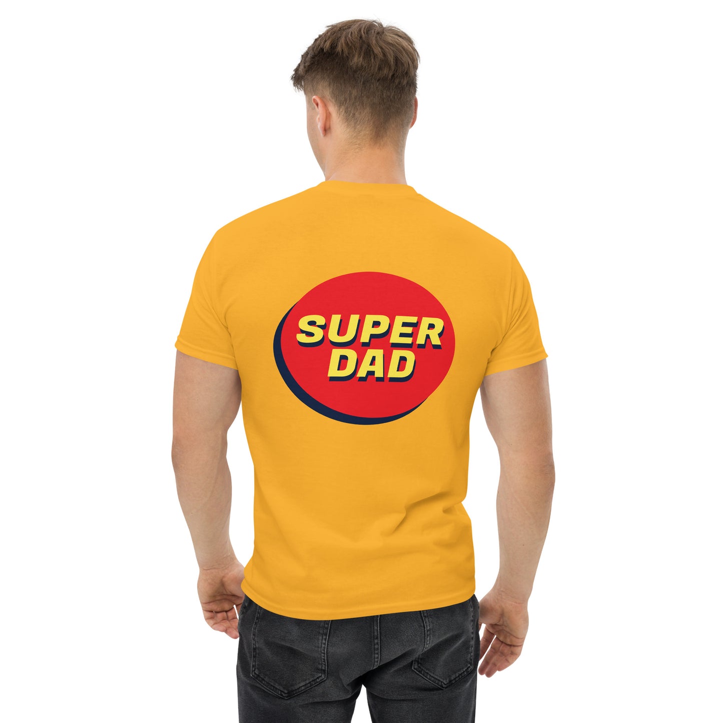 Men with gold T-shirt and Super dad on the back