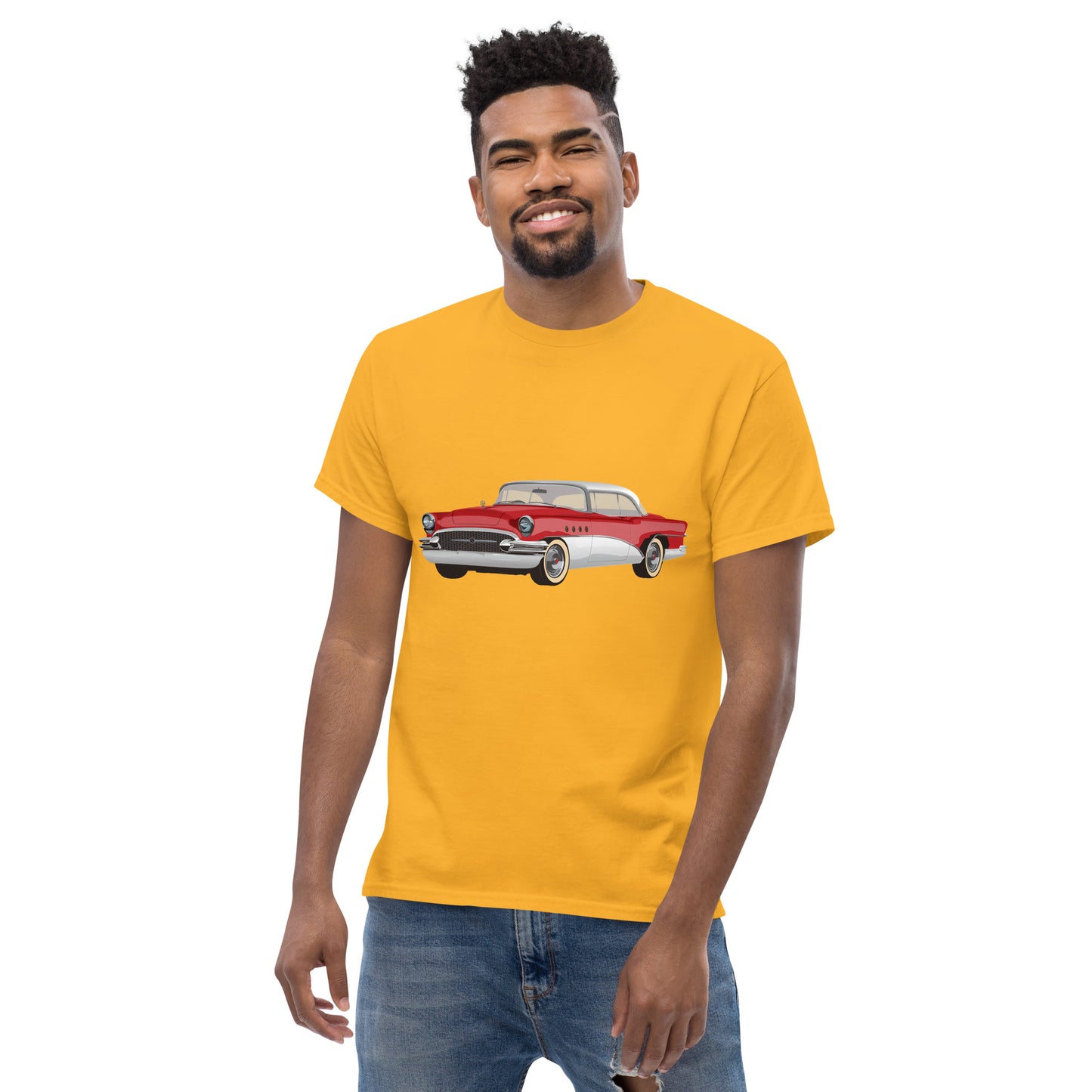 Men with gold t-shirt with red Chevrolet