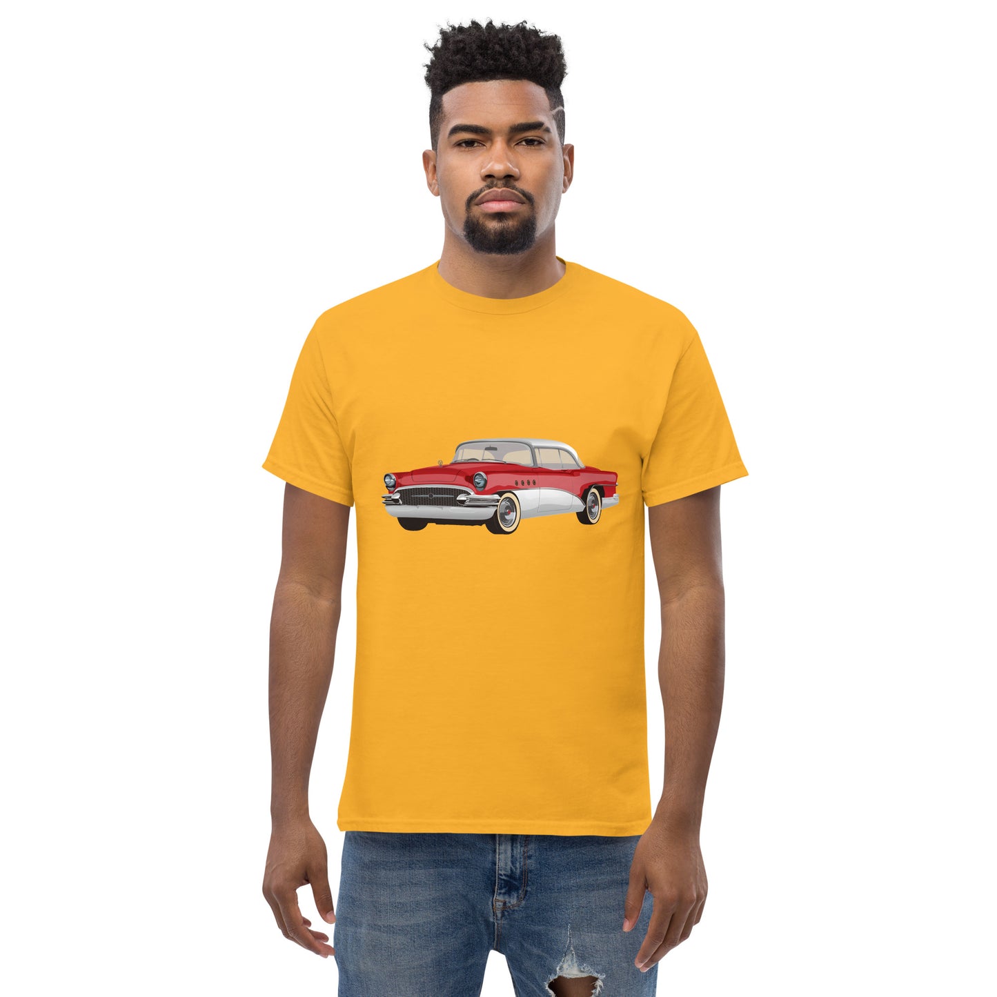 Men with sand t-shirt with red Chevrolet 