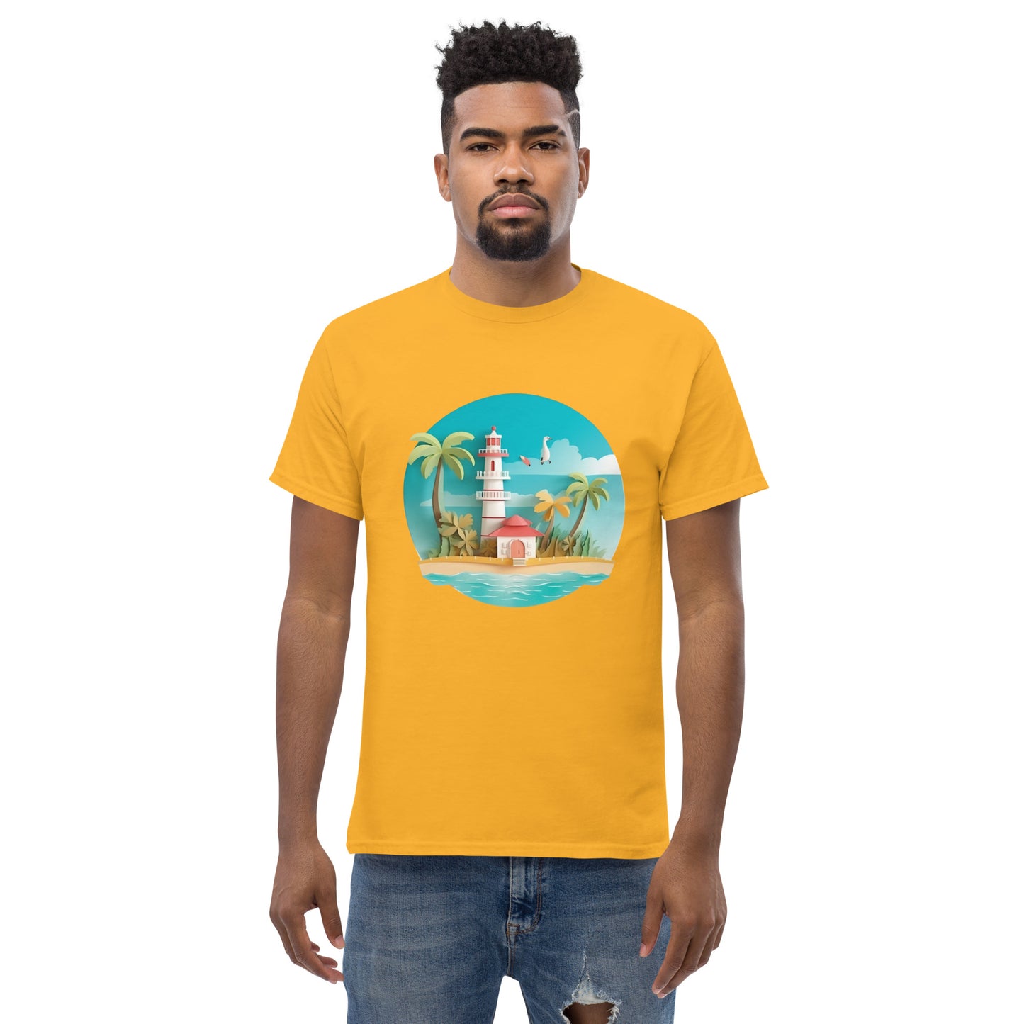Man with gold t-shirt with picture of lighthouse and palm trees