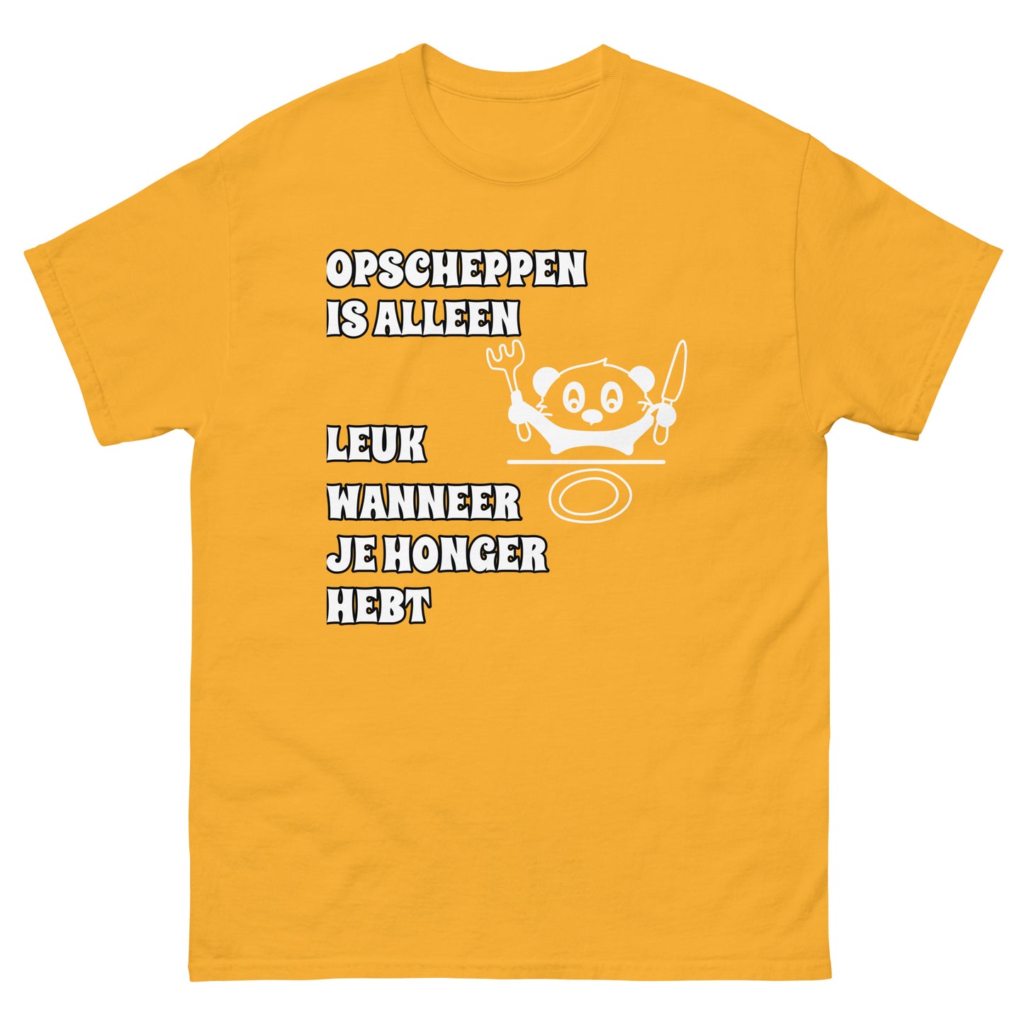 Gele T-shirt met tekst “opscheppen is alleen leuk wanneer je honger hebt”