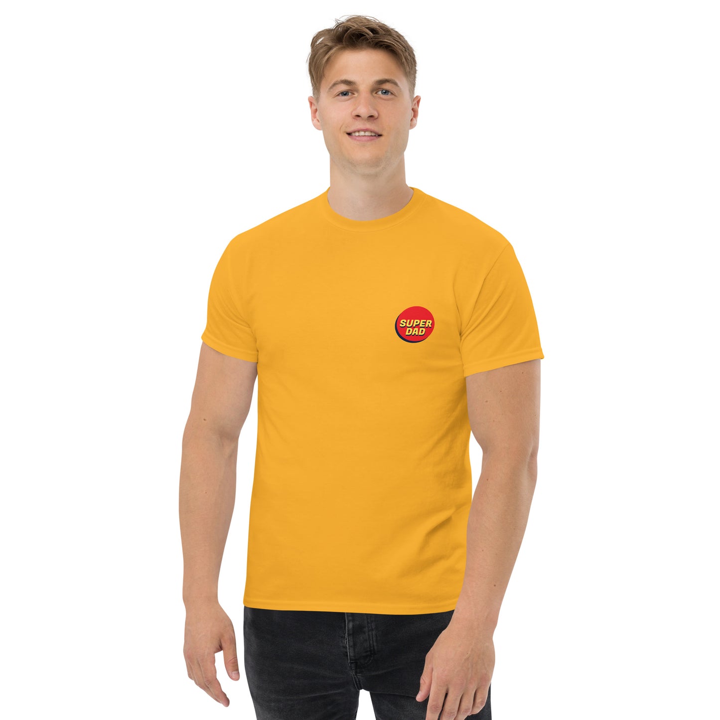 Men with gold T-shirt and Super dad logo on the front